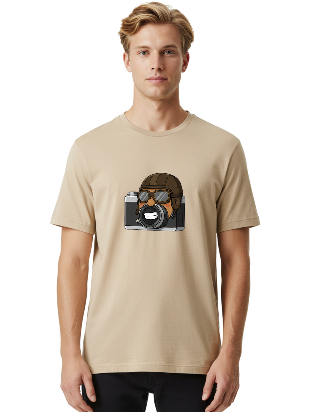 Camera-Avatar Men'S Graphic Tee, 100% Cotton, Comfortable Casual Summer Wear, Machine Washable, Cartoon Camera, Pilot Character, Aviation Style, Goggles And Helmet, Photography Illustration, Digital Art, Creative Design, Camera Character, Bae369
