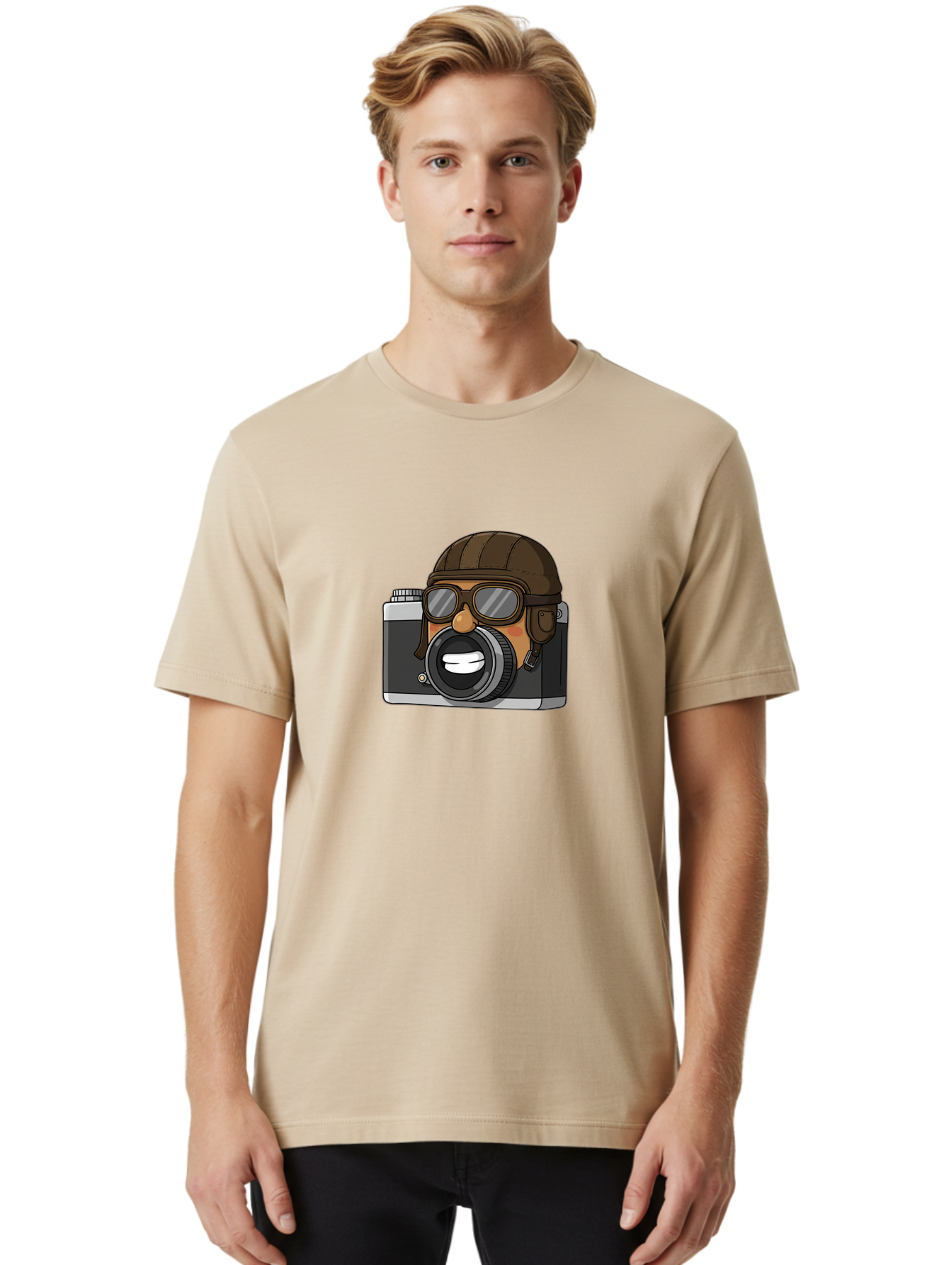 Camera-Avatar Men'S Graphic Tee, 100% Cotton, Comfortable Casual Summer Wear, Machine Washable, Cartoon Camera, Pilot Character, Aviation Style, Goggles And Helmet, Photography Illustration, Digital Art, Creative Design, Camera Character, Bae369