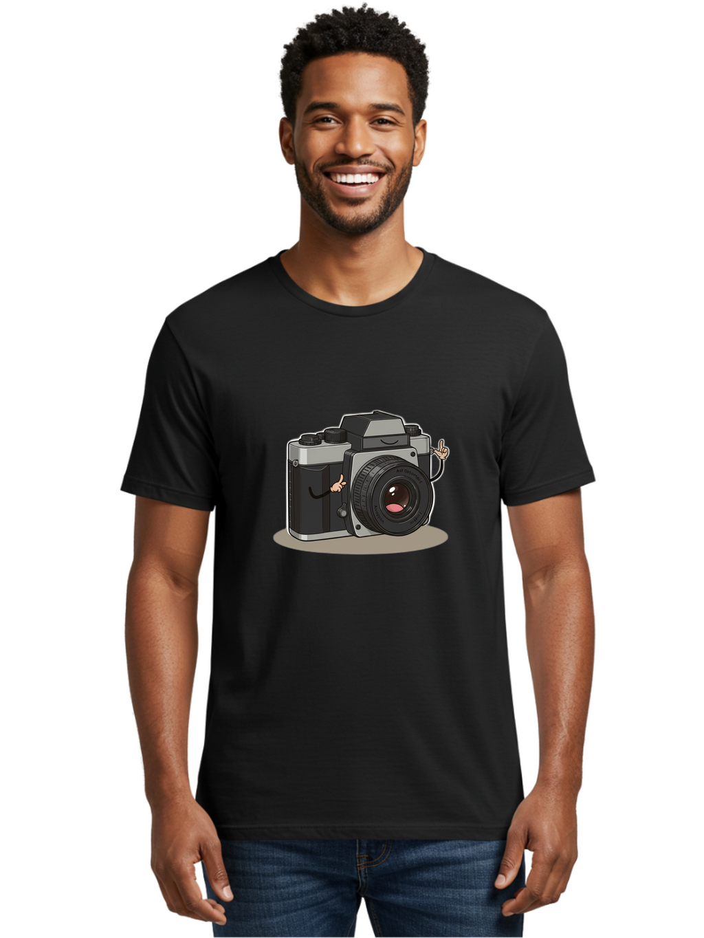 Camera-Character-1 Men'S Graphic Tee, 100% Cotton, Comfortable Casual Summer Wear, Machine Washable, Cartoon Camera, Character Design, Photography, Silver And Black Camera, Lens With Face, Hand Gestures, Funny, Quirky, Playful, Bae370