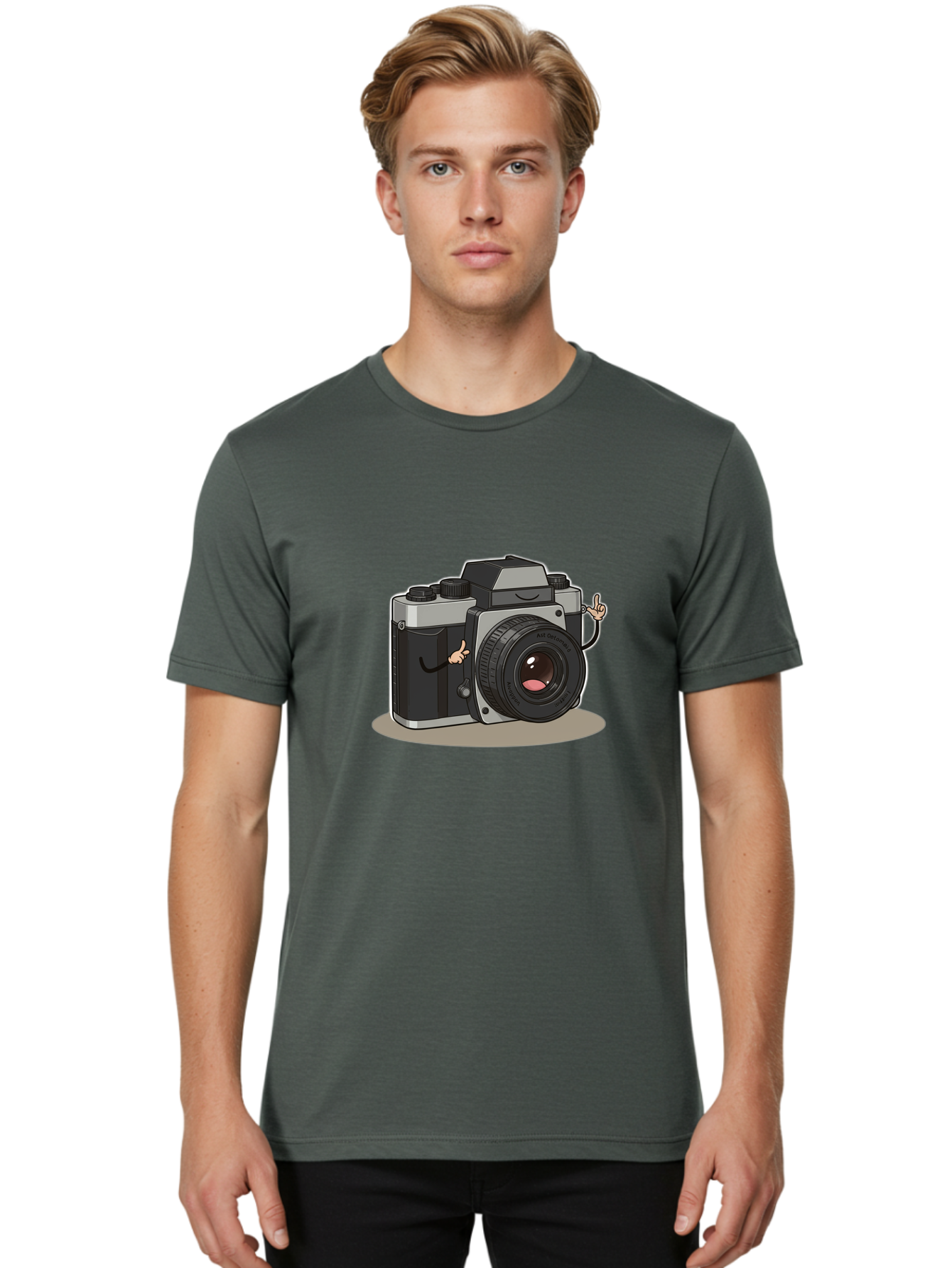 Camera-Character-1 Men'S Graphic Tee, 100% Cotton, Comfortable Casual Summer Wear, Machine Washable, Cartoon Camera, Character Design, Photography, Silver And Black Camera, Lens With Face, Hand Gestures, Funny, Quirky, Playful, Bae370