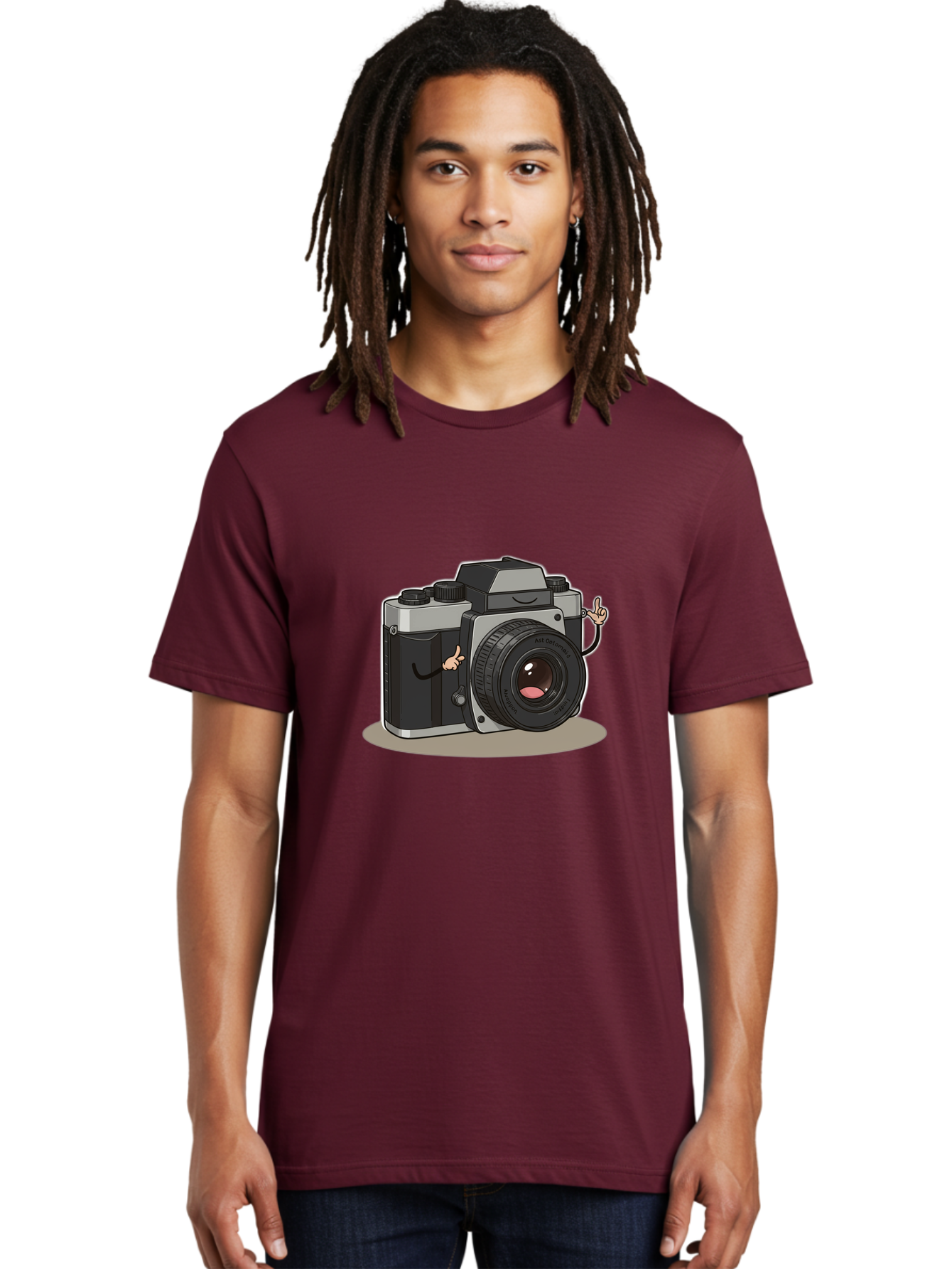 Camera-Character-1 Men'S Graphic Tee, 100% Cotton, Comfortable Casual Summer Wear, Machine Washable, Cartoon Camera, Character Design, Photography, Silver And Black Camera, Lens With Face, Hand Gestures, Funny, Quirky, Playful, Bae370