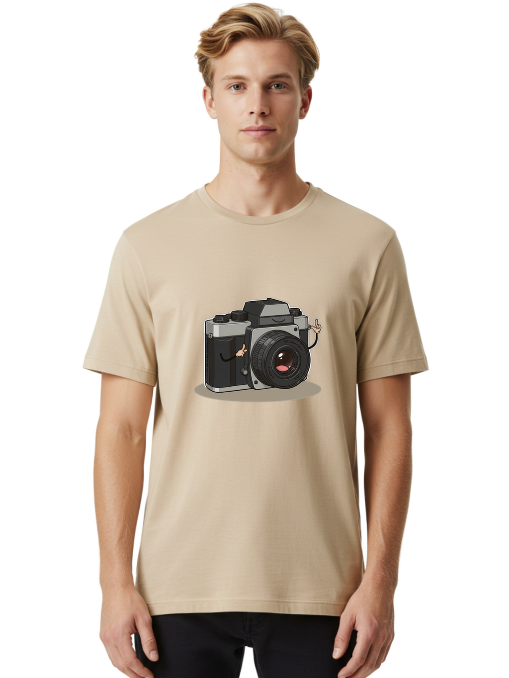 Camera-Character-1 Men'S Graphic Tee, 100% Cotton, Comfortable Casual Summer Wear, Machine Washable, Cartoon Camera, Character Design, Photography, Silver And Black Camera, Lens With Face, Hand Gestures, Funny, Quirky, Playful, Bae370