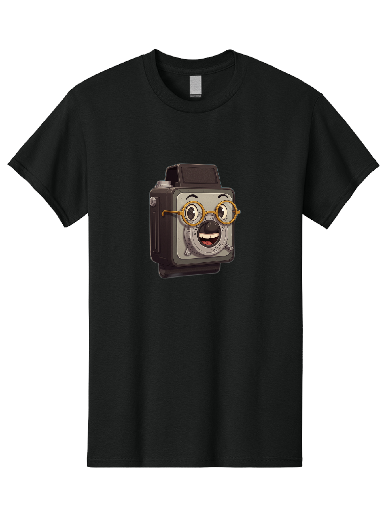 Camera-Character Men'S Graphic Tee, 100% Cotton, Comfortable Casual Summer Wear, Machine Washable, Cartoon Camera, Anthropomorphic Design, Funny Glasses, Goofy Expression, Comedic Character, Playful Illustration, Quirky Personality, Bae371