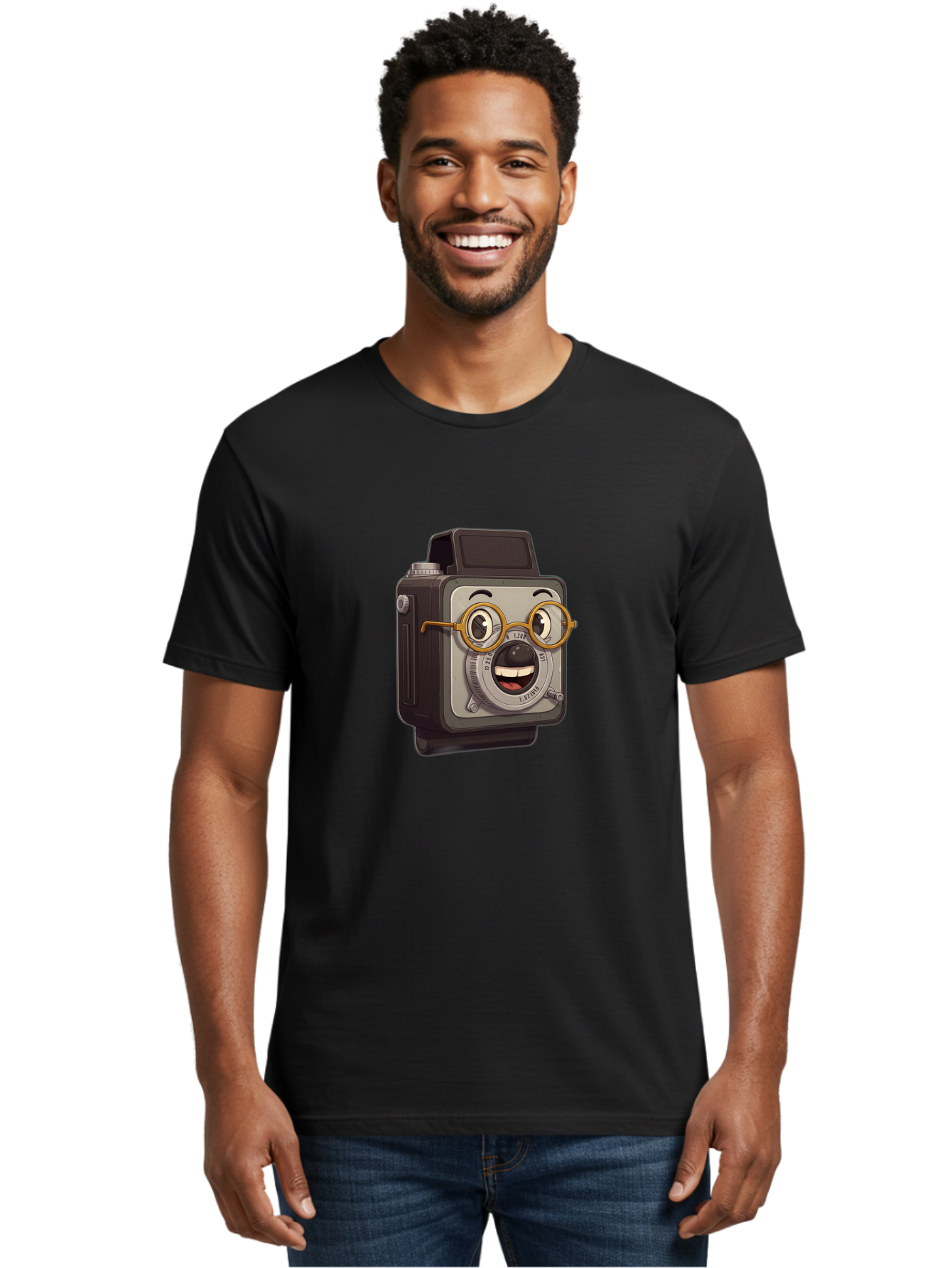 Camera-Character Men'S Graphic Tee, 100% Cotton, Comfortable Casual Summer Wear, Machine Washable, Cartoon Camera, Anthropomorphic Design, Funny Glasses, Goofy Expression, Comedic Character, Playful Illustration, Quirky Personality, Bae371