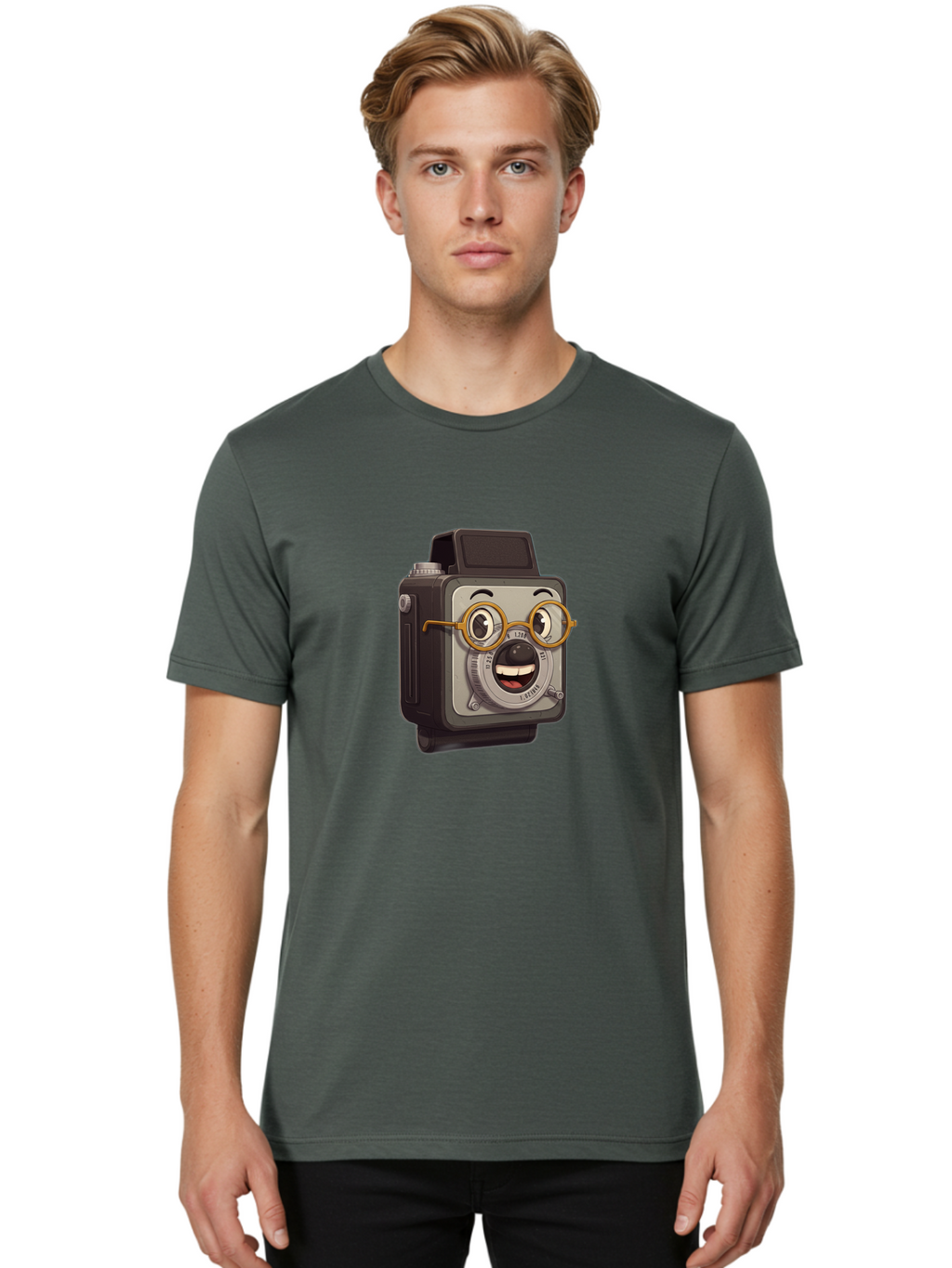 Camera-Character Men'S Graphic Tee, 100% Cotton, Comfortable Casual Summer Wear, Machine Washable, Cartoon Camera, Anthropomorphic Design, Funny Glasses, Goofy Expression, Comedic Character, Playful Illustration, Quirky Personality, Bae371