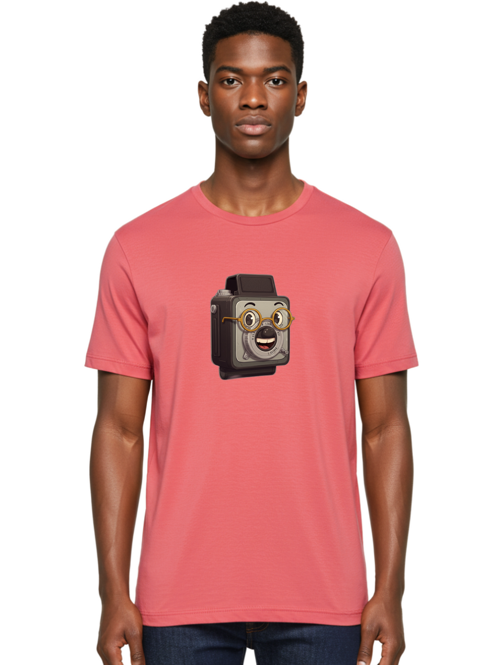 Camera-Character Men'S Graphic Tee, 100% Cotton, Comfortable Casual Summer Wear, Machine Washable, Cartoon Camera, Anthropomorphic Design, Funny Glasses, Goofy Expression, Comedic Character, Playful Illustration, Quirky Personality, Bae371