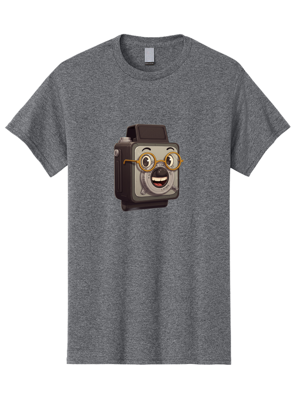 Camera-Character Men'S Graphic Tee, 100% Cotton, Comfortable Casual Summer Wear, Machine Washable, Cartoon Camera, Anthropomorphic Design, Funny Glasses, Goofy Expression, Comedic Character, Playful Illustration, Quirky Personality, Bae371