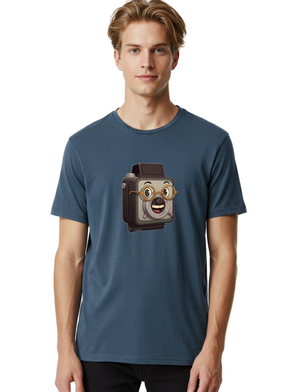 Camera-Character Men'S Graphic Tee, 100% Cotton, Comfortable Casual Summer Wear, Machine Washable, Cartoon Camera, Anthropomorphic Design, Funny Glasses, Goofy Expression, Comedic Character, Playful Illustration, Quirky Personality, Bae371