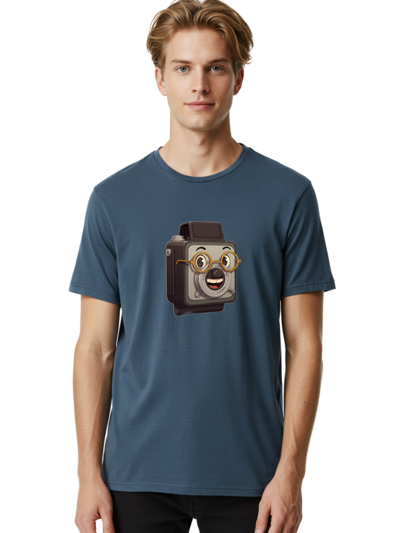Camera-Character Men'S Graphic Tee, 100% Cotton, Comfortable Casual Summer Wear, Machine Washable, Cartoon Camera, Anthropomorphic Design, Funny Glasses, Goofy Expression, Comedic Character, Playful Illustration, Quirky Personality, Bae371