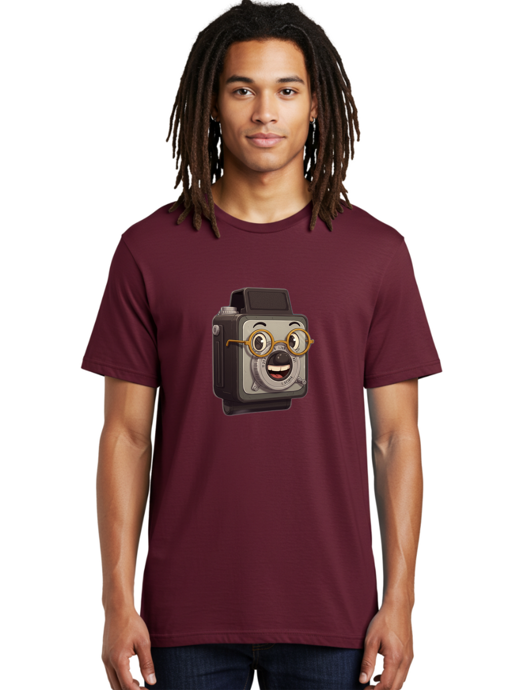 Camera-Character Men'S Graphic Tee, 100% Cotton, Comfortable Casual Summer Wear, Machine Washable, Cartoon Camera, Anthropomorphic Design, Funny Glasses, Goofy Expression, Comedic Character, Playful Illustration, Quirky Personality, Bae371