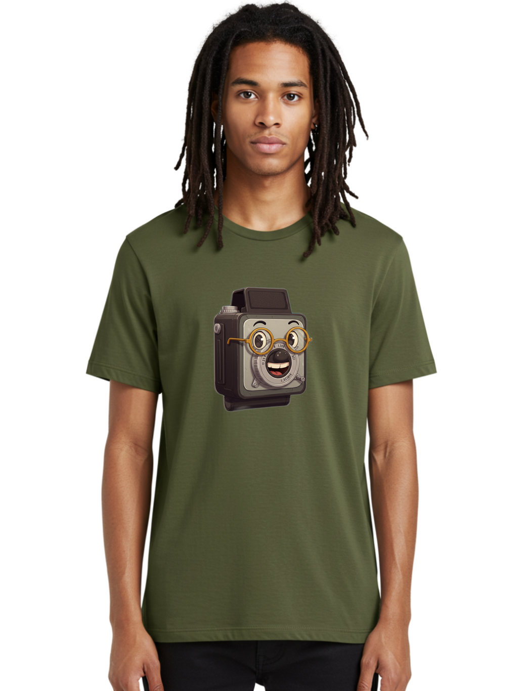 Camera-Character Men'S Graphic Tee, 100% Cotton, Comfortable Casual Summer Wear, Machine Washable, Cartoon Camera, Anthropomorphic Design, Funny Glasses, Goofy Expression, Comedic Character, Playful Illustration, Quirky Personality, Bae371