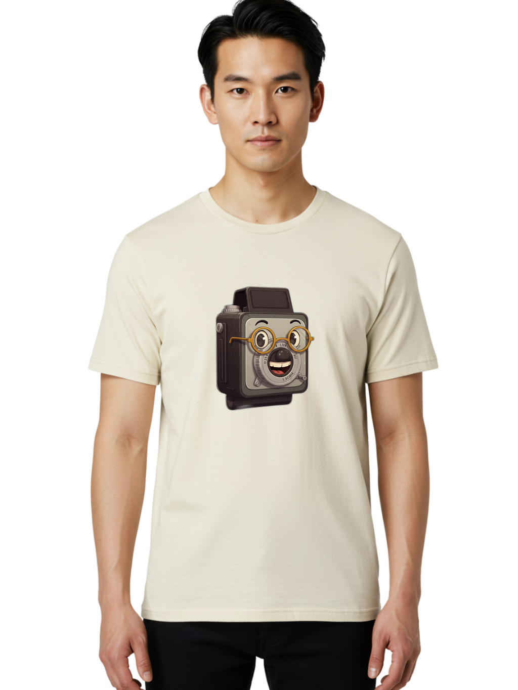 Camera-Character Men'S Graphic Tee, 100% Cotton, Comfortable Casual Summer Wear, Machine Washable, Cartoon Camera, Anthropomorphic Design, Funny Glasses, Goofy Expression, Comedic Character, Playful Illustration, Quirky Personality, Bae371