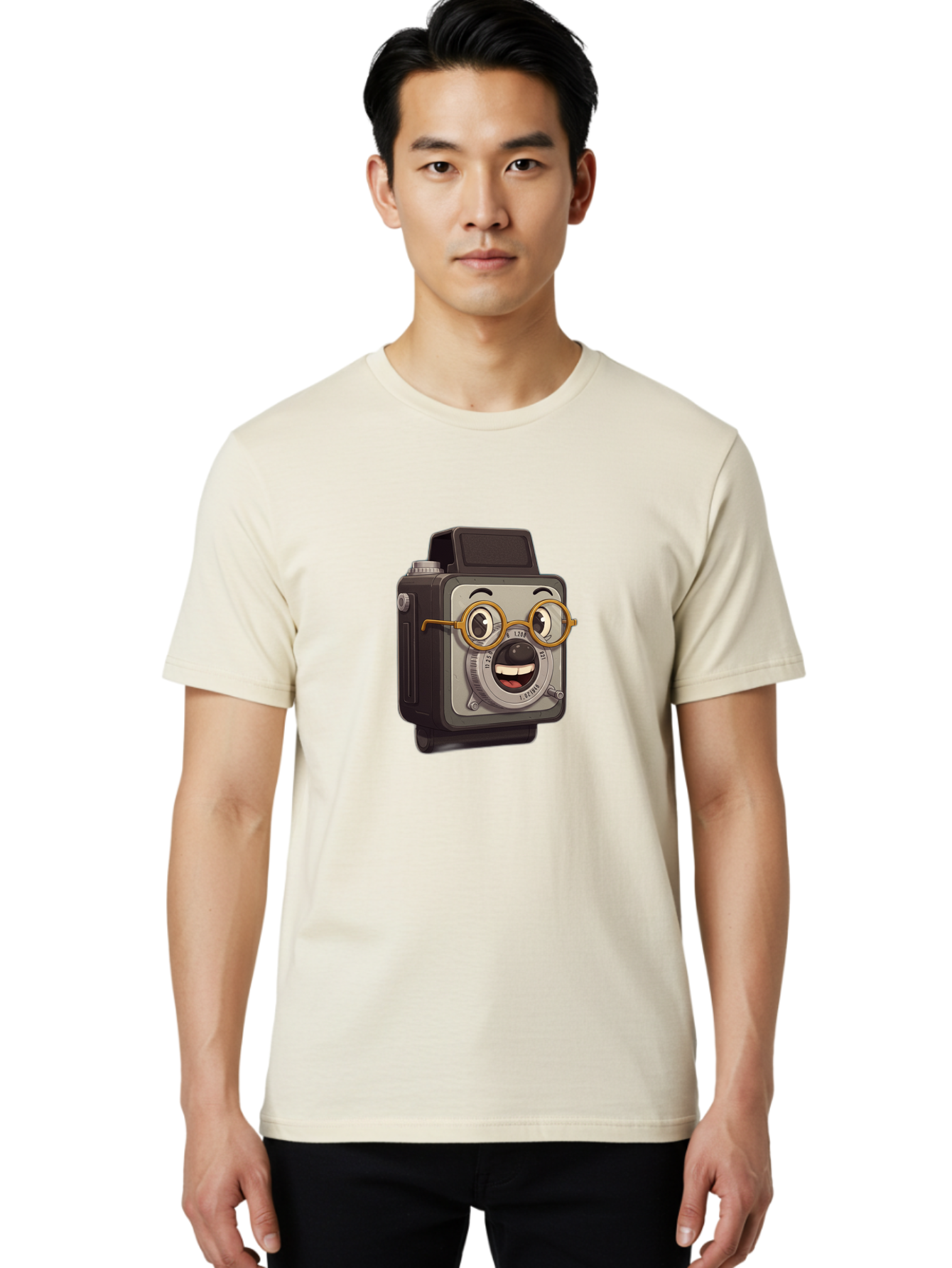 Camera-Character Men'S Graphic Tee, 100% Cotton, Comfortable Casual Summer Wear, Machine Washable, Cartoon Camera, Anthropomorphic Design, Funny Glasses, Goofy Expression, Comedic Character, Playful Illustration, Quirky Personality, Bae371