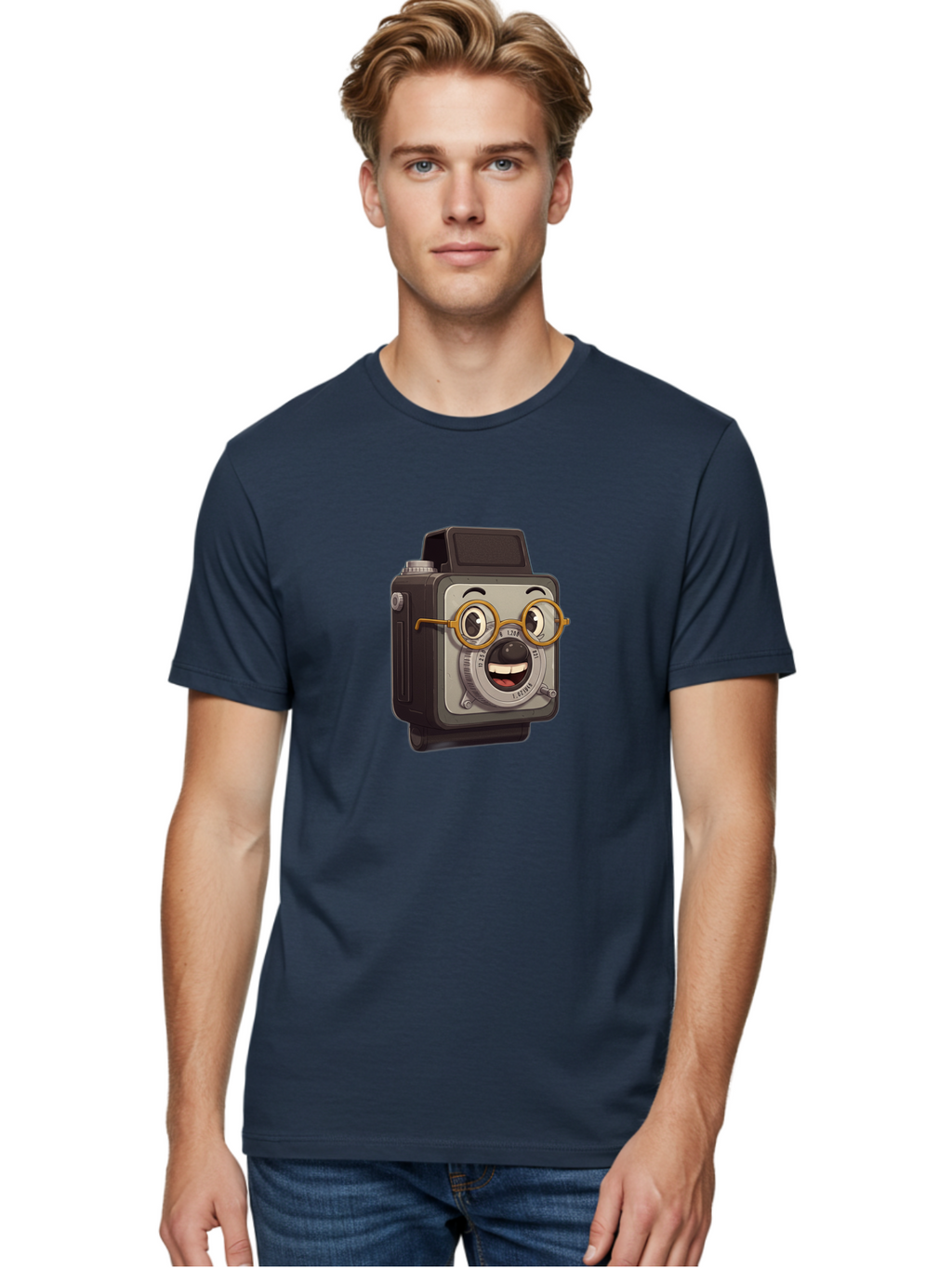 Camera-Character Men'S Graphic Tee, 100% Cotton, Comfortable Casual Summer Wear, Machine Washable, Cartoon Camera, Anthropomorphic Design, Funny Glasses, Goofy Expression, Comedic Character, Playful Illustration, Quirky Personality, Bae371