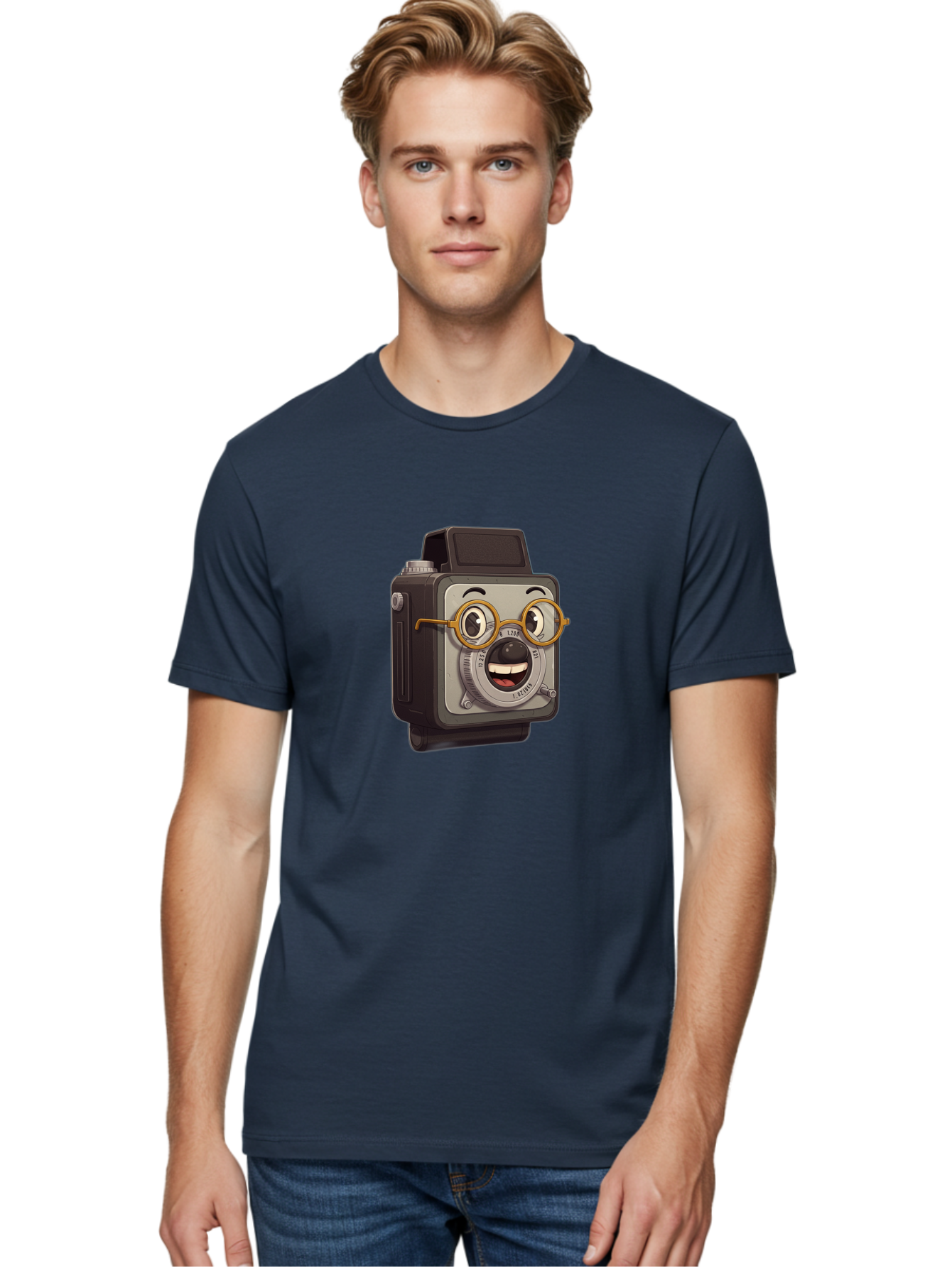 Camera-Character Men'S Graphic Tee, 100% Cotton, Comfortable Casual Summer Wear, Machine Washable, Cartoon Camera, Anthropomorphic Design, Funny Glasses, Goofy Expression, Comedic Character, Playful Illustration, Quirky Personality, Bae371