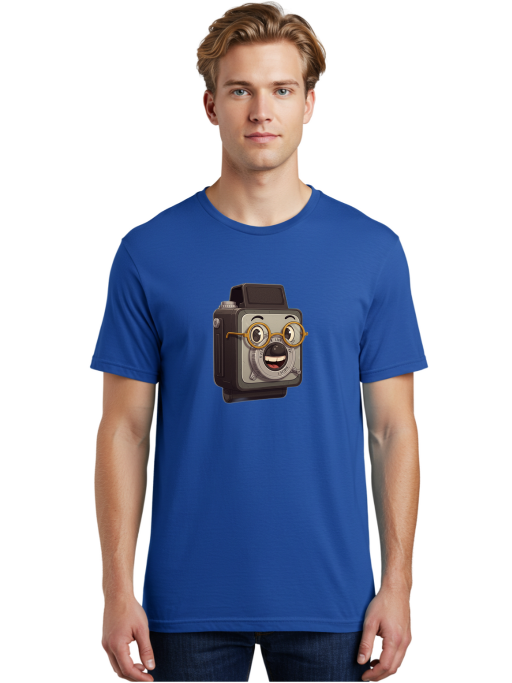 Camera-Character Men'S Graphic Tee, 100% Cotton, Comfortable Casual Summer Wear, Machine Washable, Cartoon Camera, Anthropomorphic Design, Funny Glasses, Goofy Expression, Comedic Character, Playful Illustration, Quirky Personality, Bae371