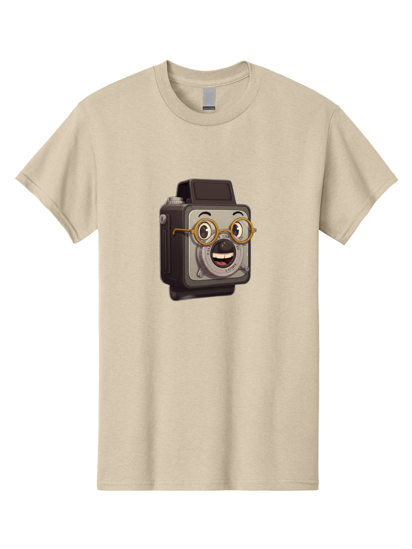 Camera-Character Men'S Graphic Tee, 100% Cotton, Comfortable Casual Summer Wear, Machine Washable, Cartoon Camera, Anthropomorphic Design, Funny Glasses, Goofy Expression, Comedic Character, Playful Illustration, Quirky Personality, Bae371