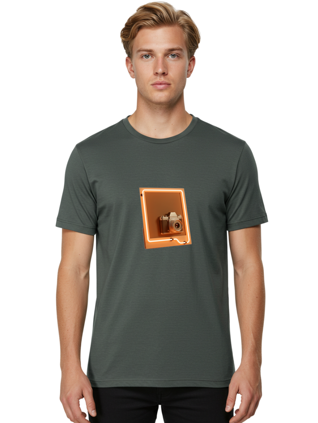 Camera-On-Tablet Men'S Graphic Tee, 100% Cotton, Comfortable Casual Summer Wear, Machine Washable, Digital Camera On Screen, Neon Light, Orange Glow, Camera Lens, Modern Technology, Photography, Digital Display, Futuristic Design Bae372