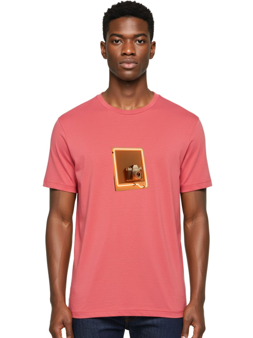 Camera-On-Tablet Men'S Graphic Tee, 100% Cotton, Comfortable Casual Summer Wear, Machine Washable, Digital Camera On Screen, Neon Light, Orange Glow, Camera Lens, Modern Technology, Photography, Digital Display, Futuristic Design Bae372