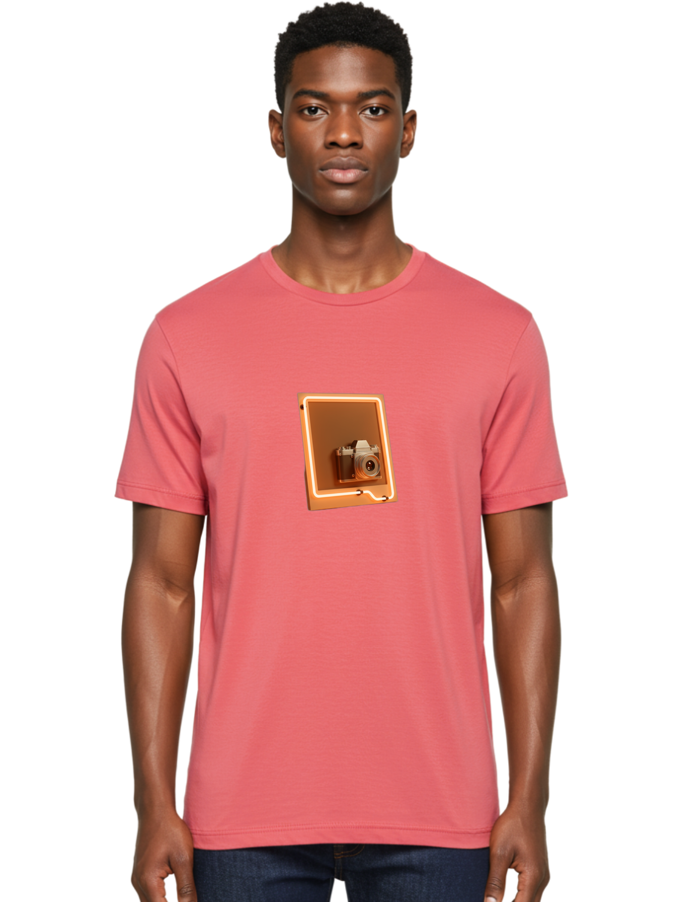 Camera-On-Tablet Men'S Graphic Tee, 100% Cotton, Comfortable Casual Summer Wear, Machine Washable, Digital Camera On Screen, Neon Light, Orange Glow, Camera Lens, Modern Technology, Photography, Digital Display, Futuristic Design Bae372