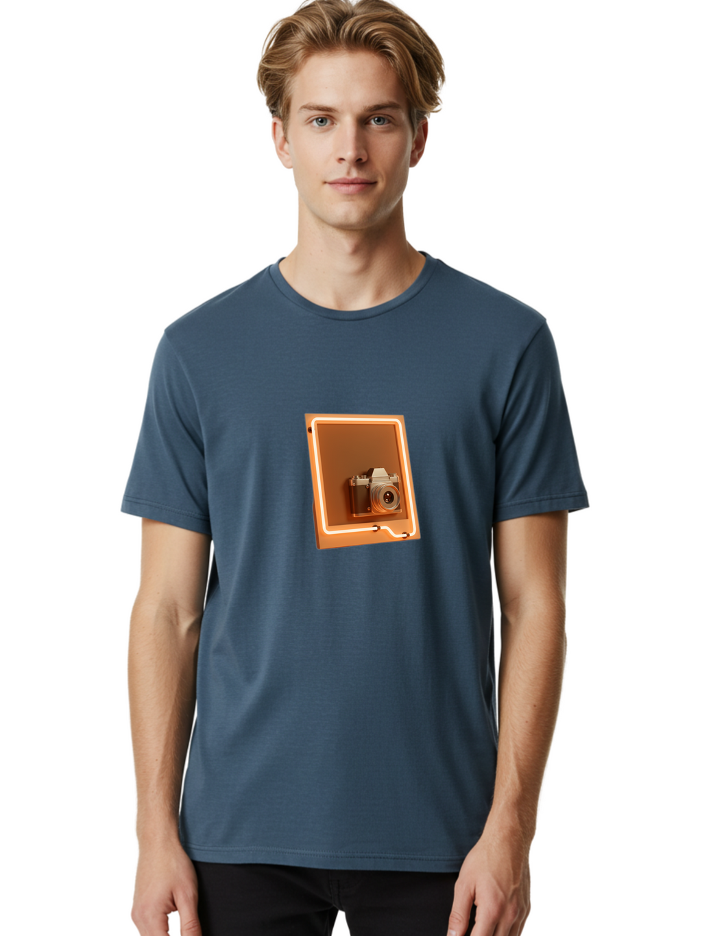 Camera-On-Tablet Men'S Graphic Tee, 100% Cotton, Comfortable Casual Summer Wear, Machine Washable, Digital Camera On Screen, Neon Light, Orange Glow, Camera Lens, Modern Technology, Photography, Digital Display, Futuristic Design Bae372