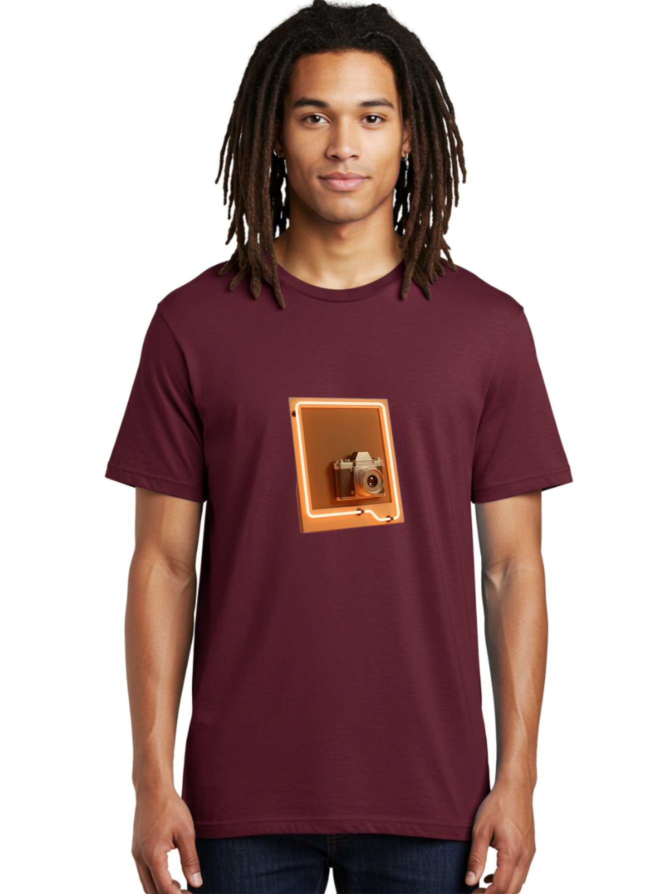 Camera-On-Tablet Men'S Graphic Tee, 100% Cotton, Comfortable Casual Summer Wear, Machine Washable, Digital Camera On Screen, Neon Light, Orange Glow, Camera Lens, Modern Technology, Photography, Digital Display, Futuristic Design Bae372