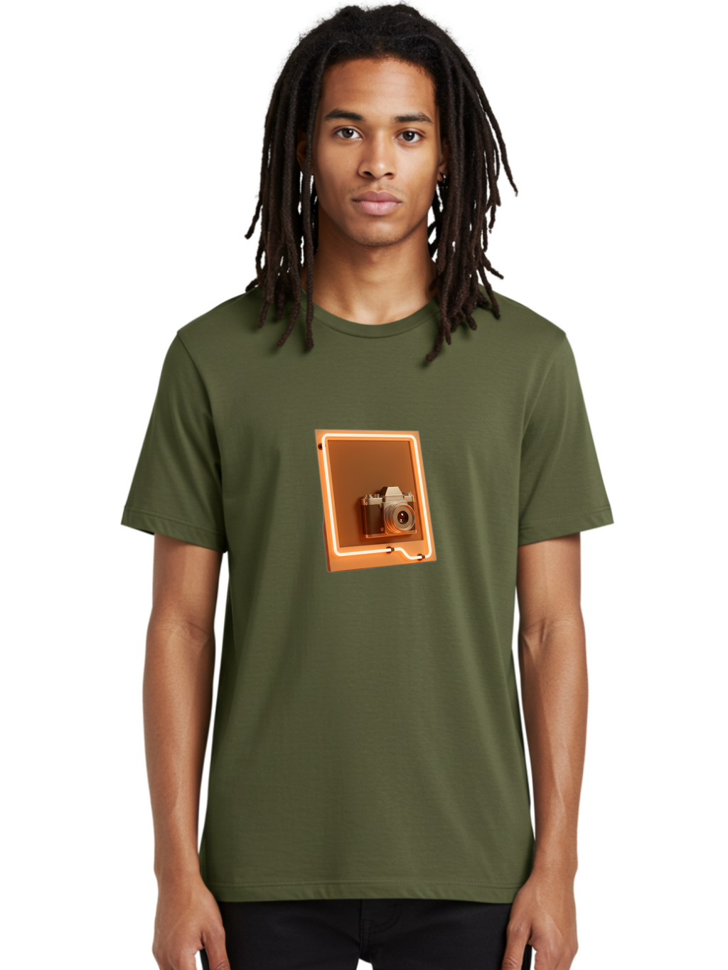 Camera-On-Tablet Men'S Graphic Tee, 100% Cotton, Comfortable Casual Summer Wear, Machine Washable, Digital Camera On Screen, Neon Light, Orange Glow, Camera Lens, Modern Technology, Photography, Digital Display, Futuristic Design Bae372
