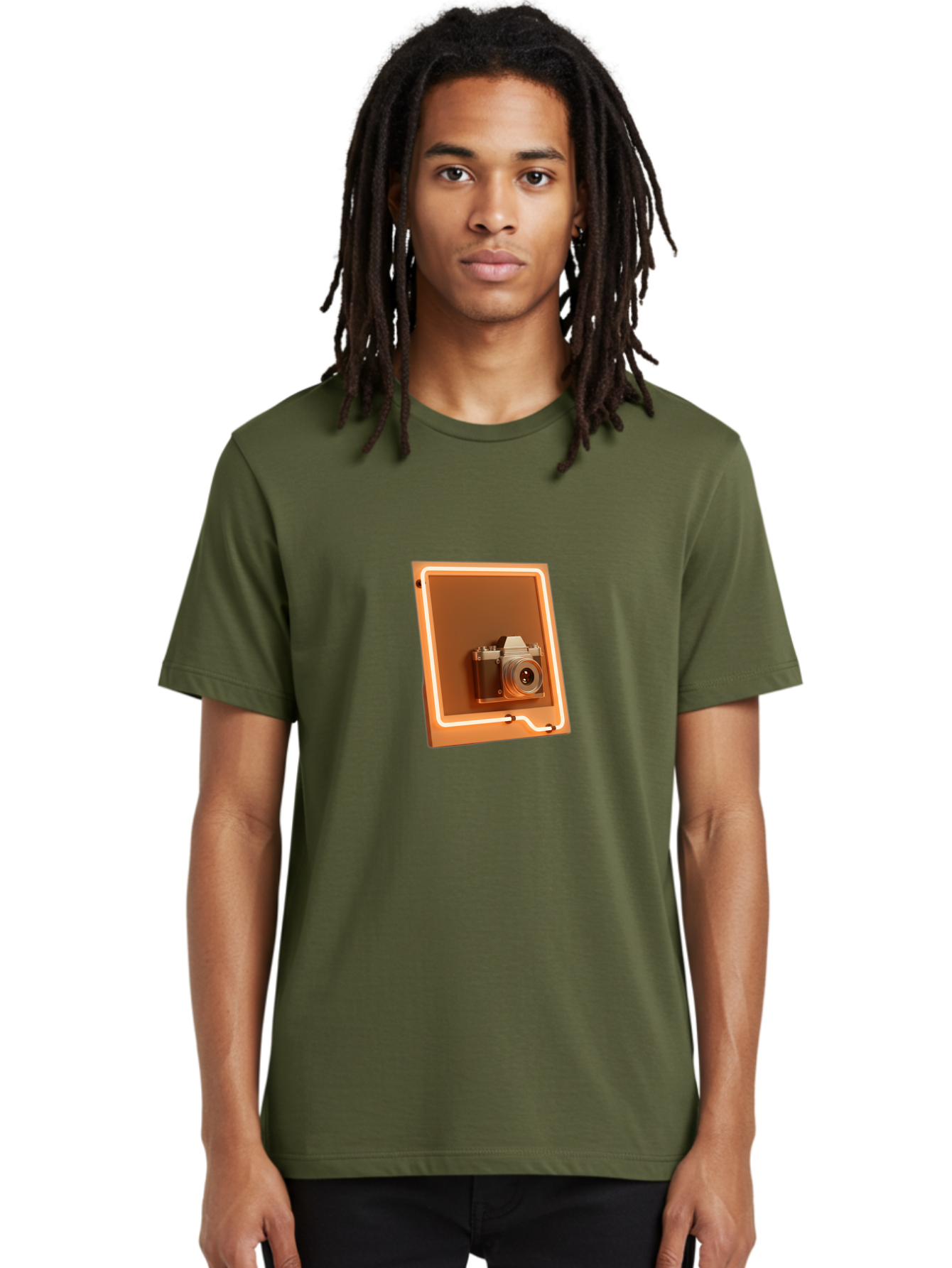Camera-On-Tablet Men'S Graphic Tee, 100% Cotton, Comfortable Casual Summer Wear, Machine Washable, Digital Camera On Screen, Neon Light, Orange Glow, Camera Lens, Modern Technology, Photography, Digital Display, Futuristic Design Bae372