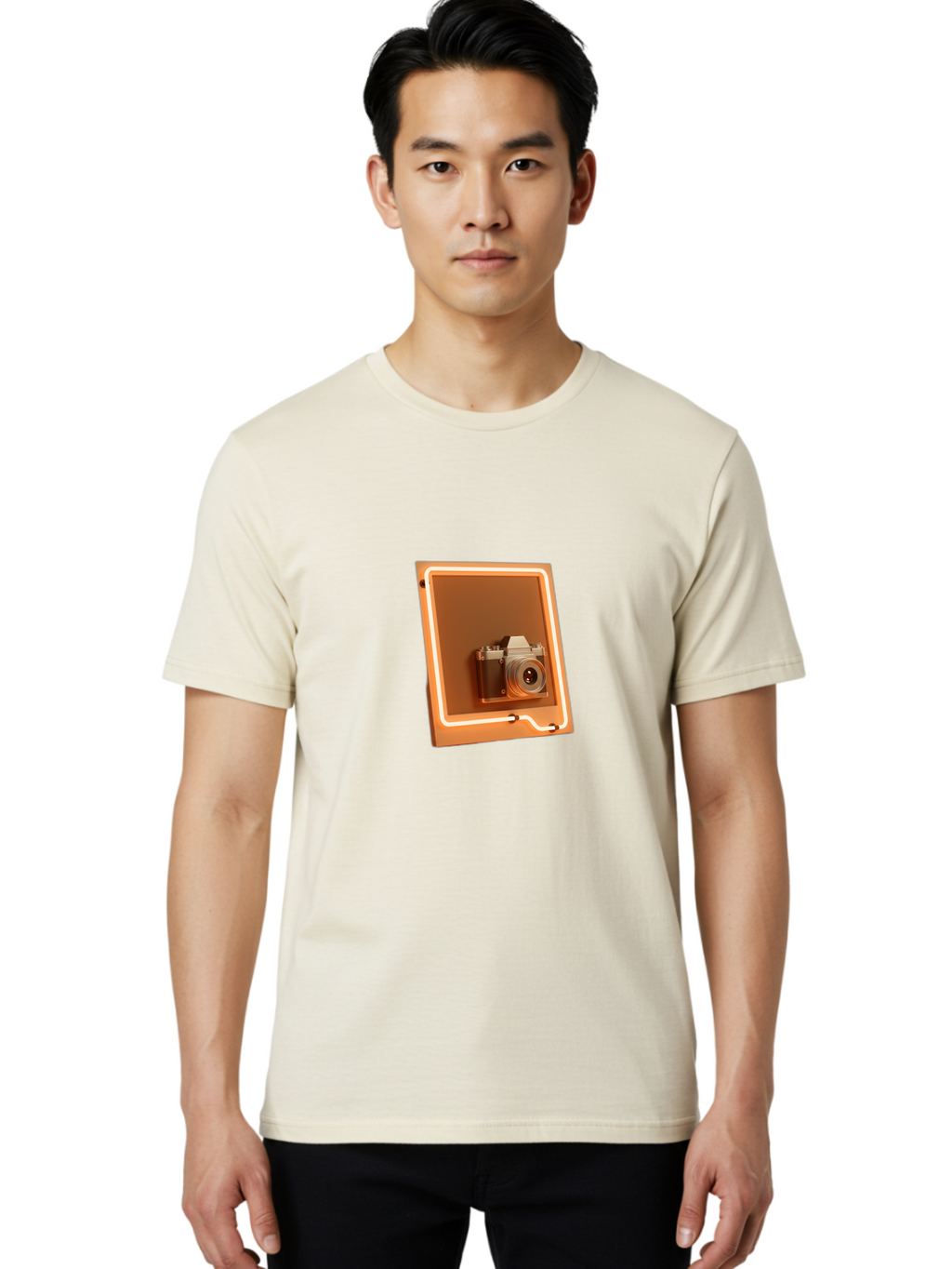 Camera-On-Tablet Men'S Graphic Tee, 100% Cotton, Comfortable Casual Summer Wear, Machine Washable, Digital Camera On Screen, Neon Light, Orange Glow, Camera Lens, Modern Technology, Photography, Digital Display, Futuristic Design Bae372