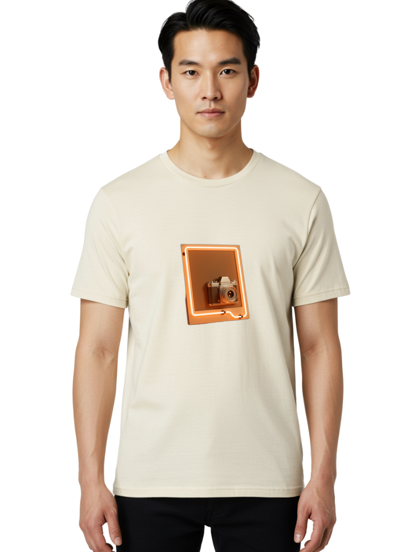 Camera-On-Tablet Men'S Graphic Tee, 100% Cotton, Comfortable Casual Summer Wear, Machine Washable, Digital Camera On Screen, Neon Light, Orange Glow, Camera Lens, Modern Technology, Photography, Digital Display, Futuristic Design Bae372