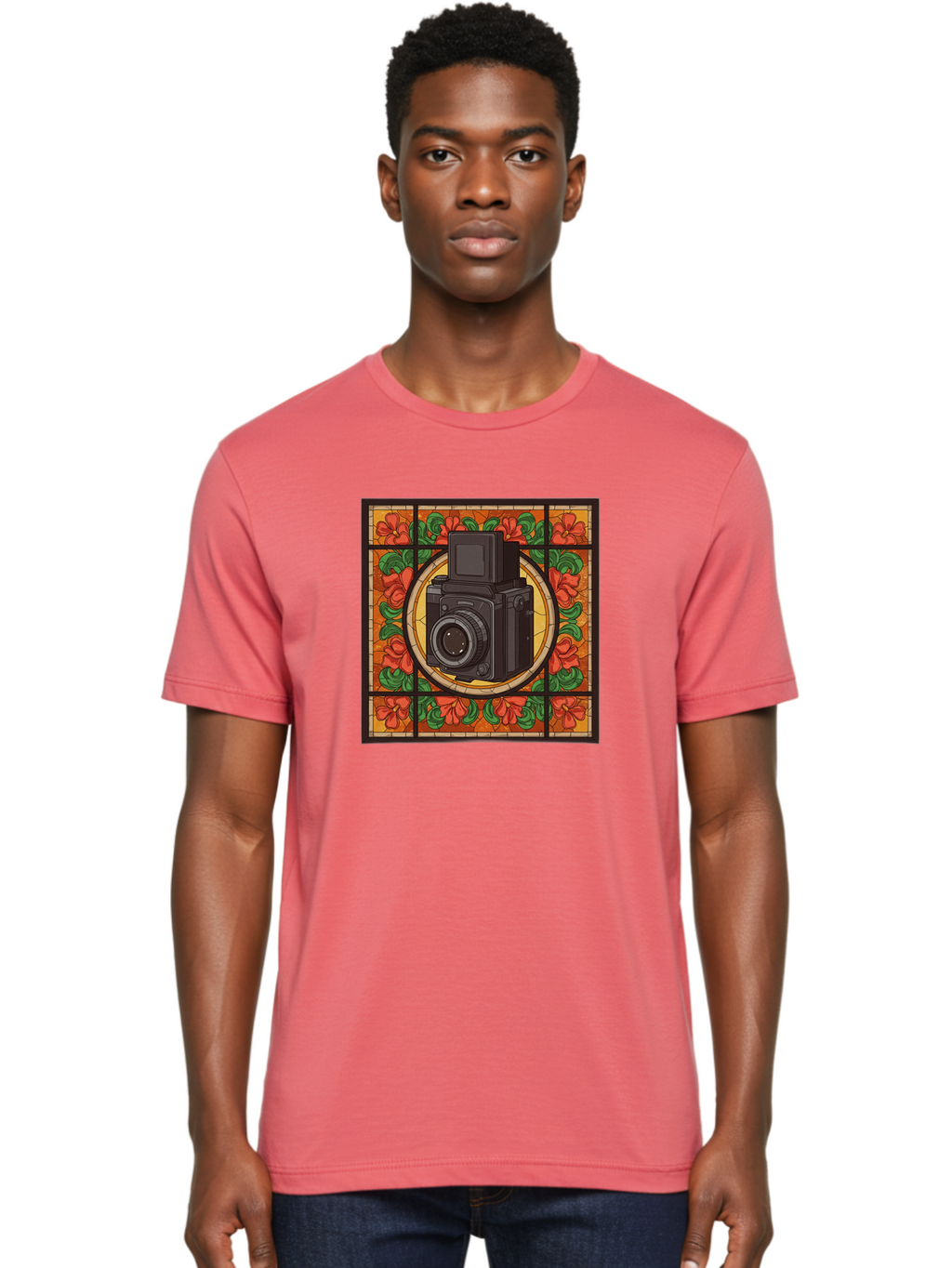 Camera-Stained-Glass Men'S Graphic Tee, 100% Cotton, Comfortable Casual Summer Wear, Machine Washable, Stained Glass Art, Vintage Camera, Floral Pattern, Red Flowers, Green Leaves, Yellow Background, Classic Design, Photography Theme, Bae373