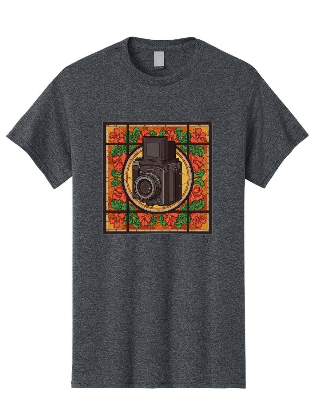 Camera-Stained-Glass Men'S Graphic Tee, 100% Cotton, Comfortable Casual Summer Wear, Machine Washable, Stained Glass Art, Vintage Camera, Floral Pattern, Red Flowers, Green Leaves, Yellow Background, Classic Design, Photography Theme, Bae373