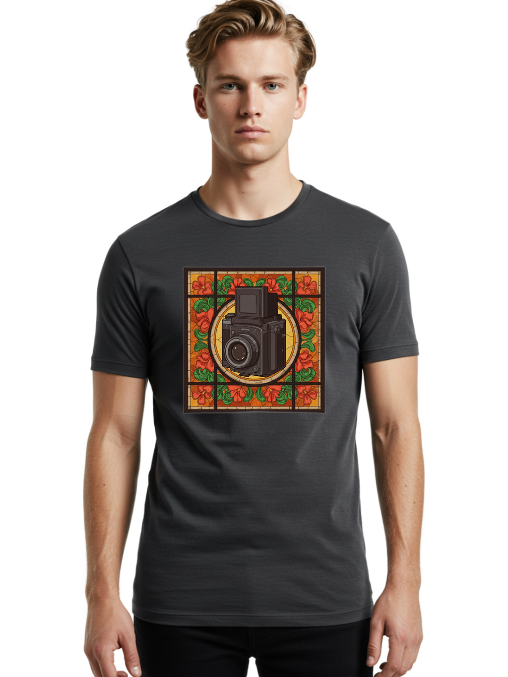 Camera-Stained-Glass Men'S Graphic Tee, 100% Cotton, Comfortable Casual Summer Wear, Machine Washable, Stained Glass Art, Vintage Camera, Floral Pattern, Red Flowers, Green Leaves, Yellow Background, Classic Design, Photography Theme, Bae373