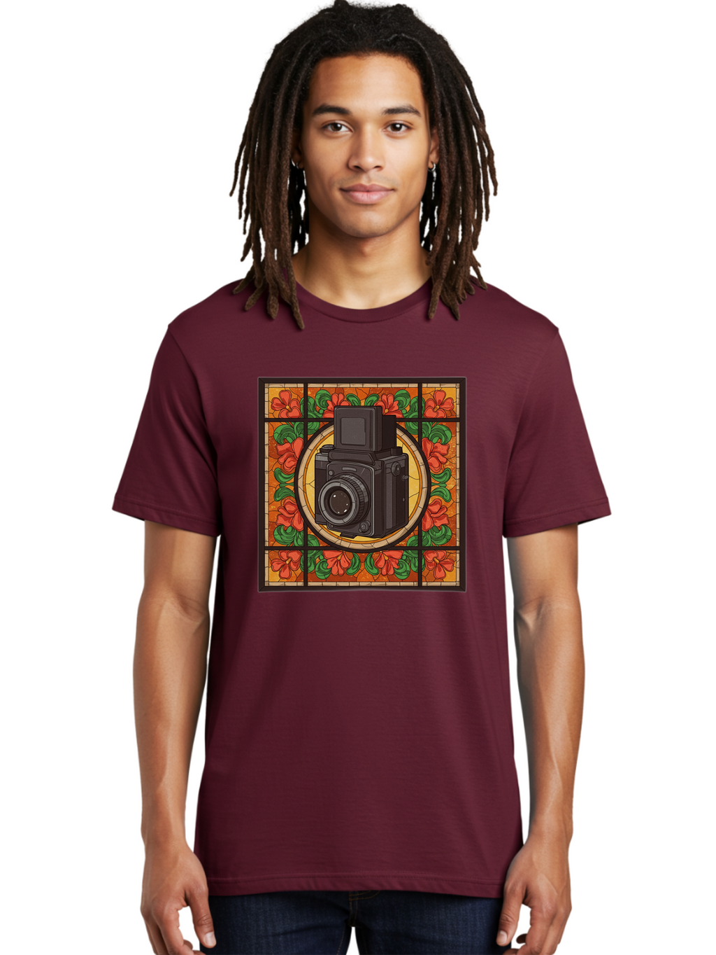 Camera-Stained-Glass Men'S Graphic Tee, 100% Cotton, Comfortable Casual Summer Wear, Machine Washable, Stained Glass Art, Vintage Camera, Floral Pattern, Red Flowers, Green Leaves, Yellow Background, Classic Design, Photography Theme, Bae373
