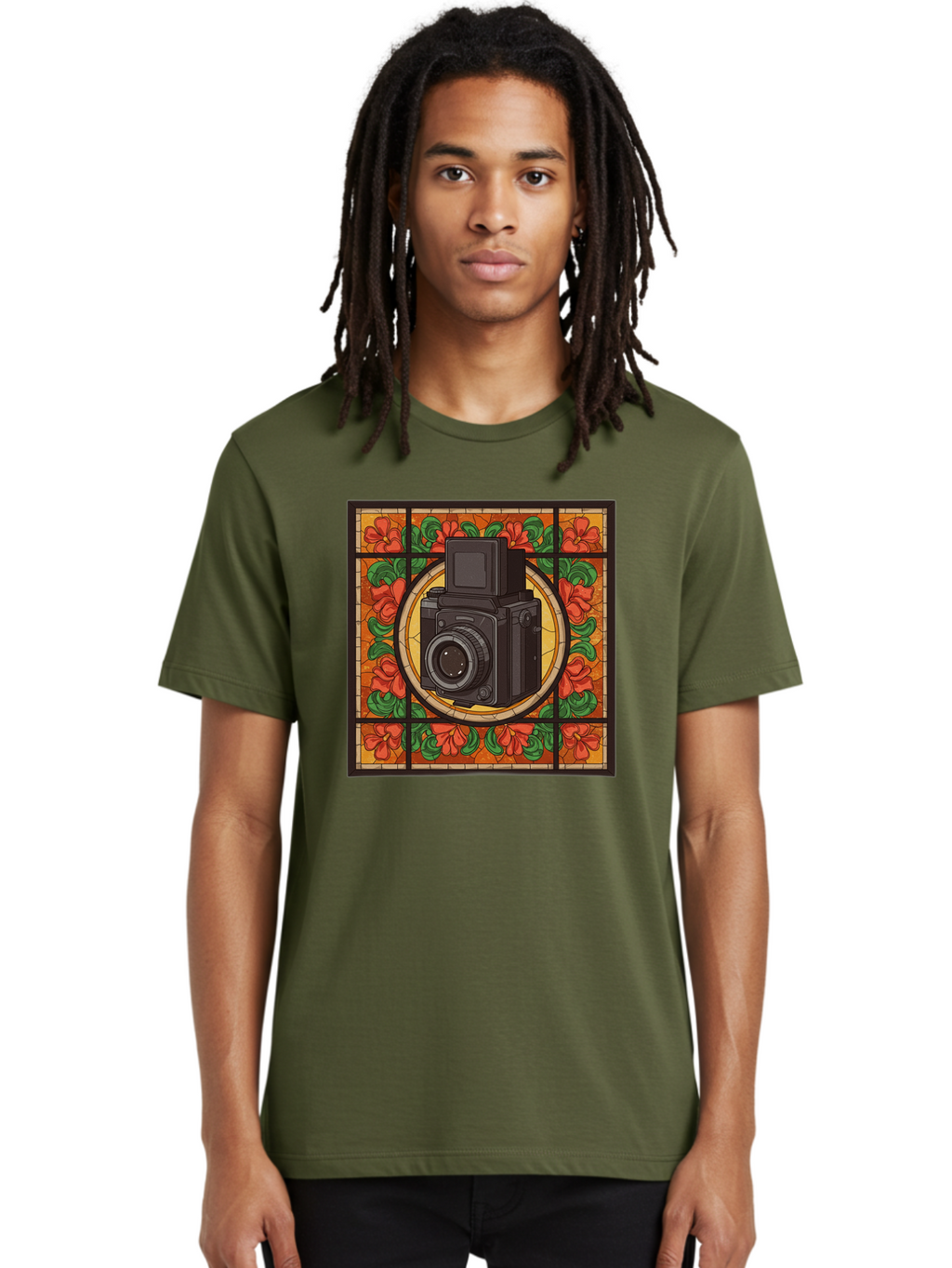 Camera-Stained-Glass Men'S Graphic Tee, 100% Cotton, Comfortable Casual Summer Wear, Machine Washable, Stained Glass Art, Vintage Camera, Floral Pattern, Red Flowers, Green Leaves, Yellow Background, Classic Design, Photography Theme, Bae373