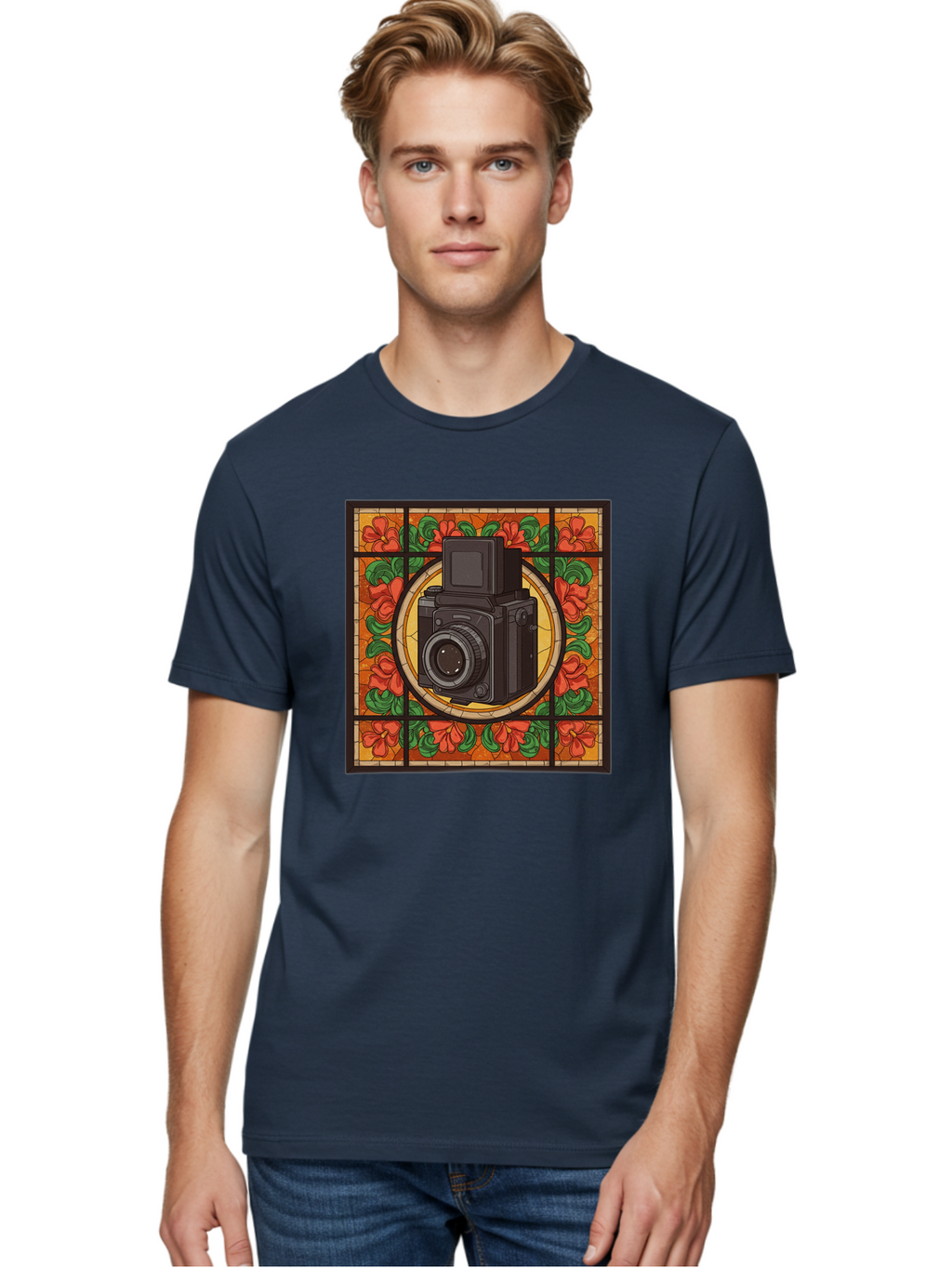 Camera-Stained-Glass Men'S Graphic Tee, 100% Cotton, Comfortable Casual Summer Wear, Machine Washable, Stained Glass Art, Vintage Camera, Floral Pattern, Red Flowers, Green Leaves, Yellow Background, Classic Design, Photography Theme, Bae373