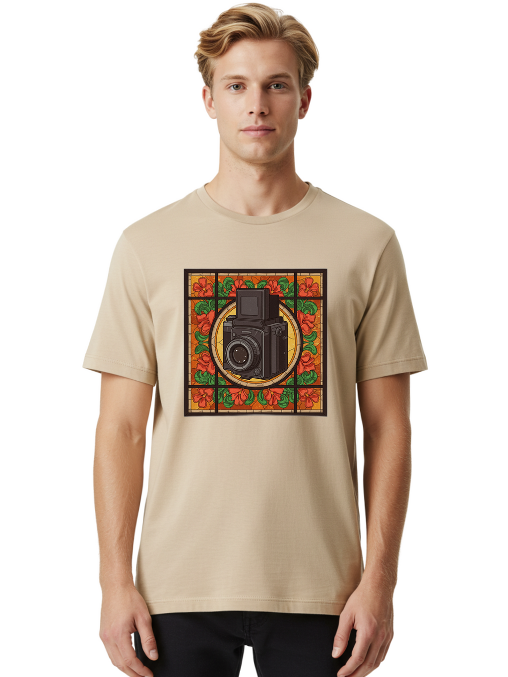 Camera-Stained-Glass Men'S Graphic Tee, 100% Cotton, Comfortable Casual Summer Wear, Machine Washable, Stained Glass Art, Vintage Camera, Floral Pattern, Red Flowers, Green Leaves, Yellow Background, Classic Design, Photography Theme, Bae373