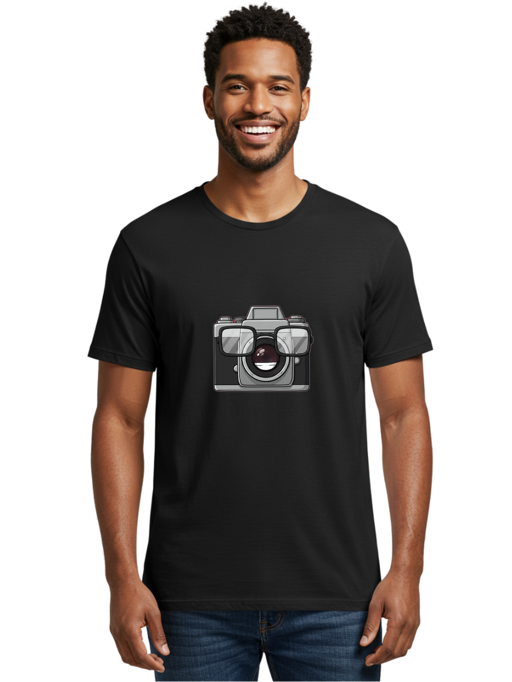 Camera-With-Glasses-1 Men'S Graphic Tee, 100% Cotton, Comfortable Casual Summer Wear, Machine Washable, Camera Wearing Glasses, Digital Art, Photography Equipment, Nerd Camera, Camera Illustration, Photography Humor, Geeky Camera, Bae374