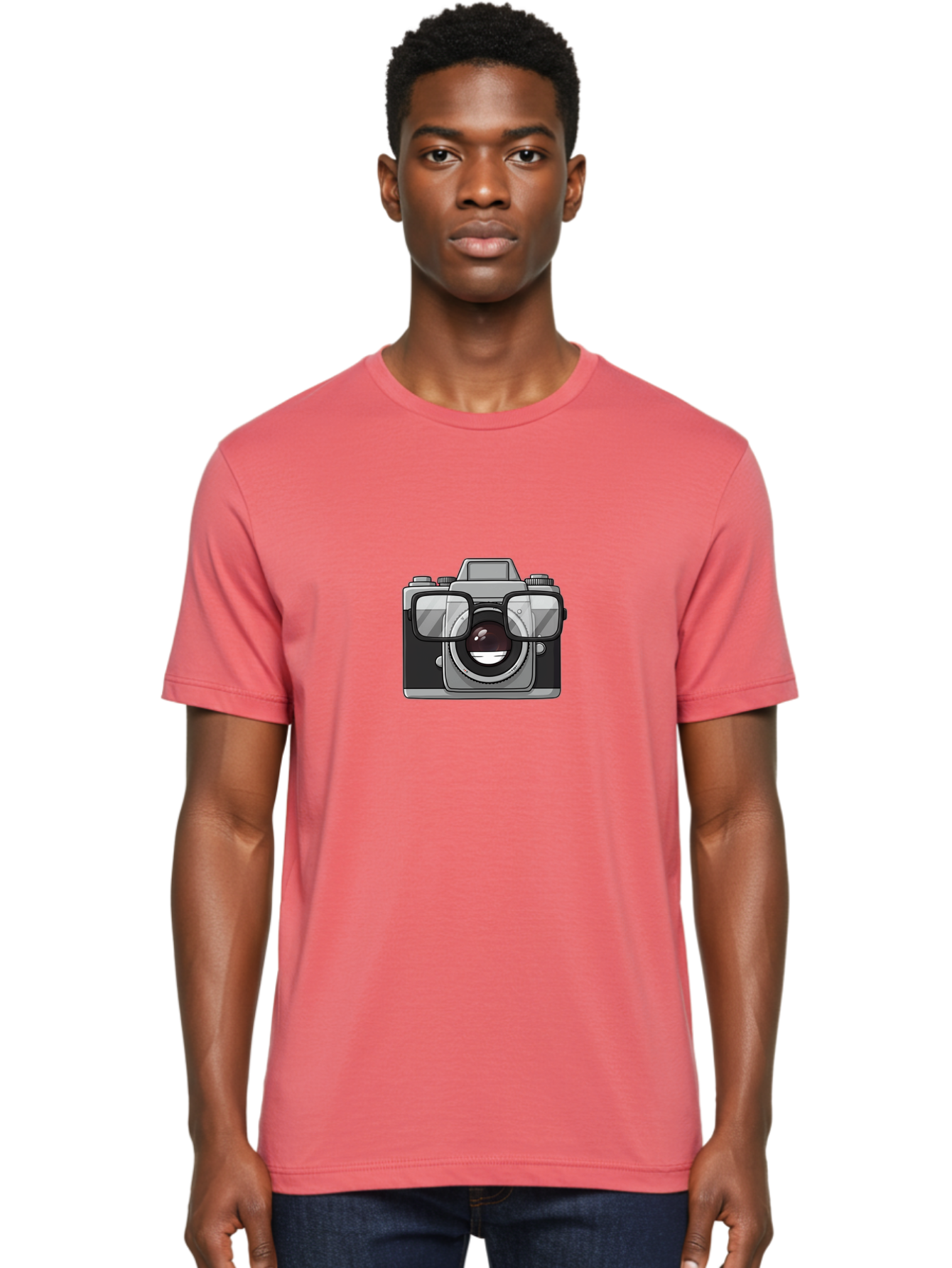 Camera-With-Glasses-1 Men'S Graphic Tee, 100% Cotton, Comfortable Casual Summer Wear, Machine Washable, Camera Wearing Glasses, Digital Art, Photography Equipment, Nerd Camera, Camera Illustration, Photography Humor, Geeky Camera, Bae374