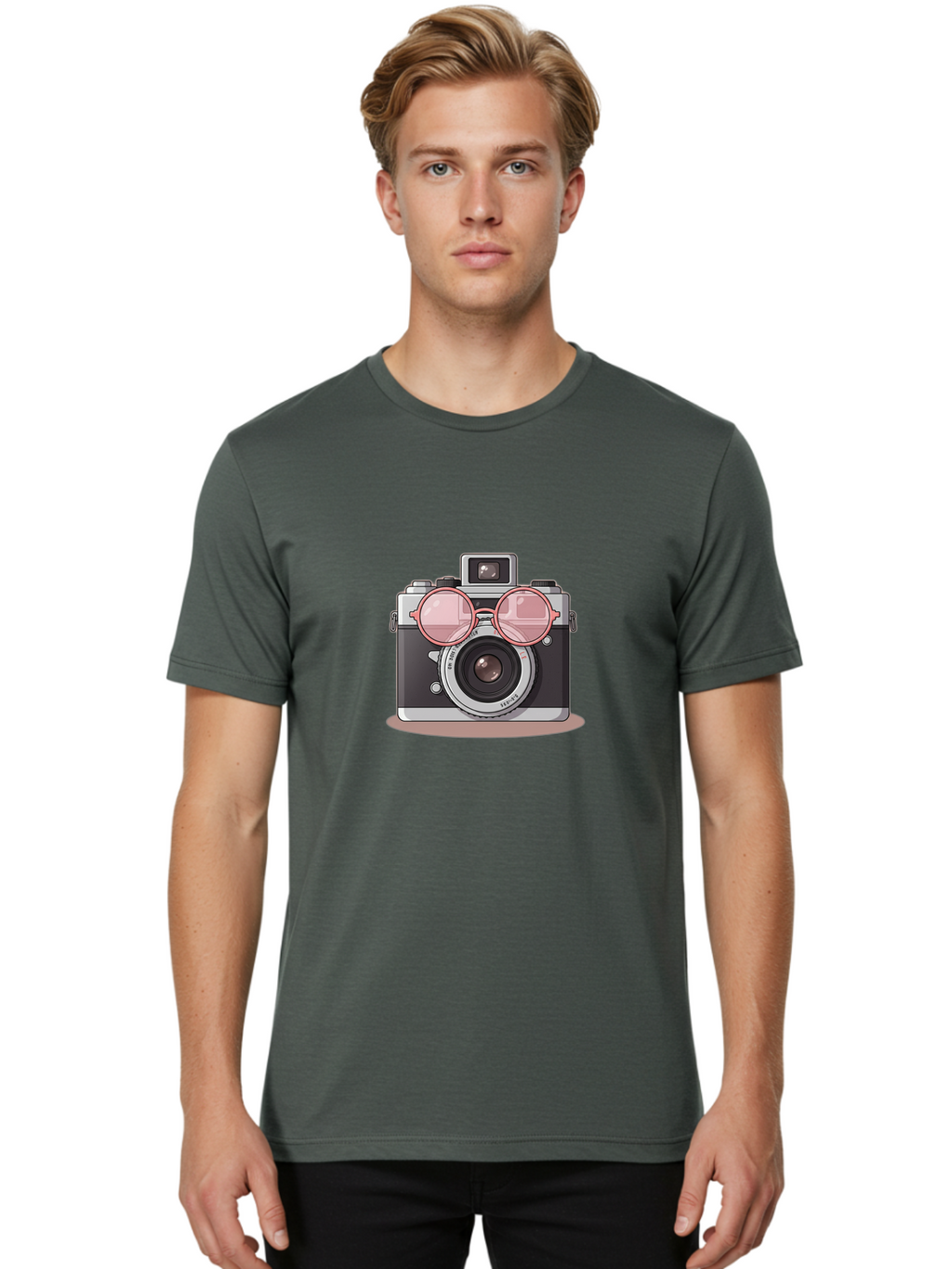 Camera-With-Glasses-2 Men'S Graphic Tee, 100% Cotton, Comfortable Casual Summer Wear, Machine Washable, Vintage Camera, Retro Photography, Cool Glasses, Lens Reflection, Classic Design, Camera Accessories, Stylish Photography Equipment, Bae375
