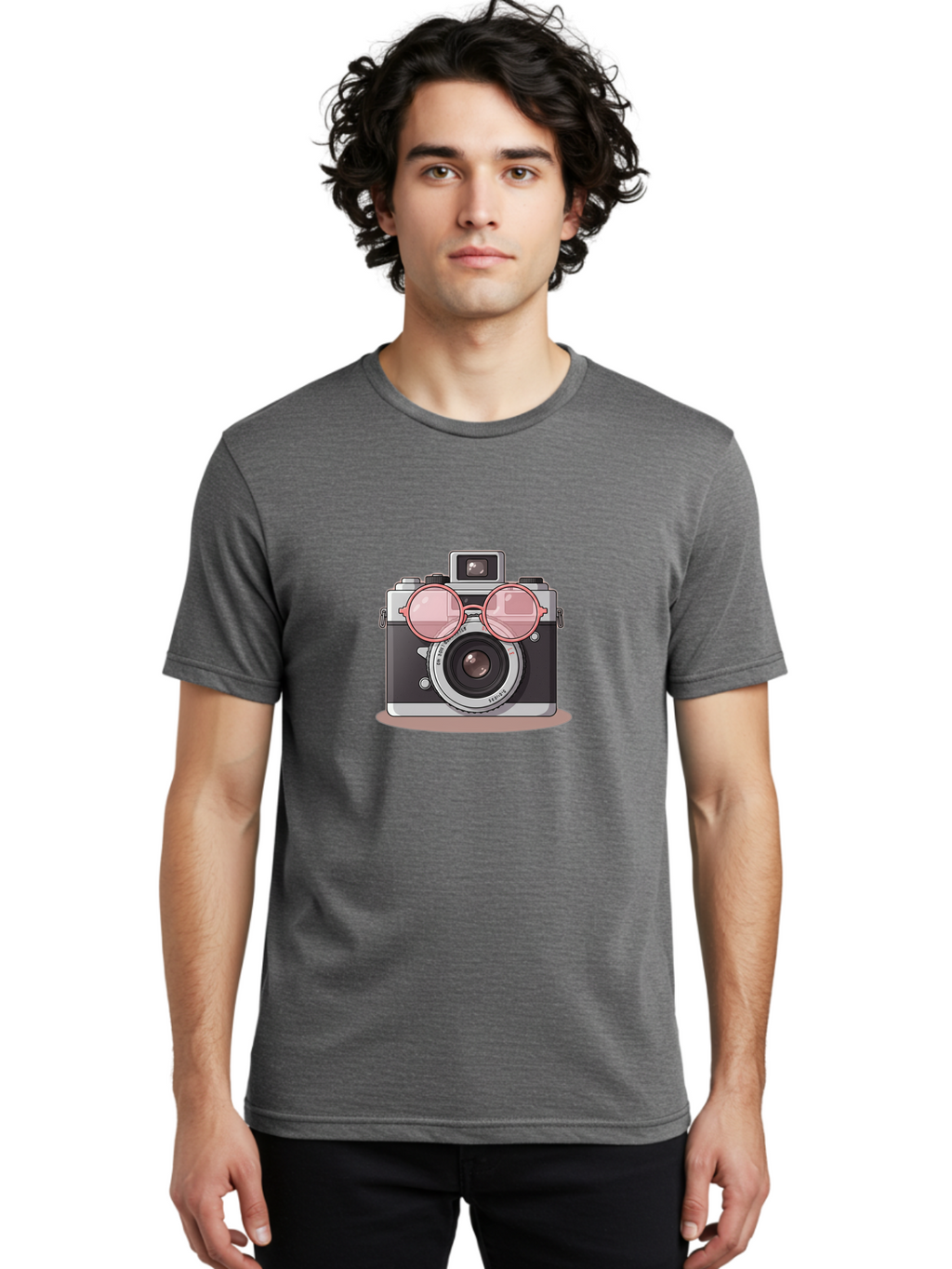 Camera-With-Glasses-2 Men'S Graphic Tee, 100% Cotton, Comfortable Casual Summer Wear, Machine Washable, Vintage Camera, Retro Photography, Cool Glasses, Lens Reflection, Classic Design, Camera Accessories, Stylish Photography Equipment, Bae375