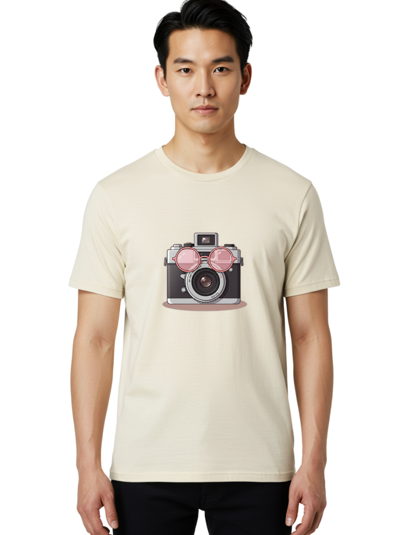 Camera-With-Glasses-2 Men'S Graphic Tee, 100% Cotton, Comfortable Casual Summer Wear, Machine Washable, Vintage Camera, Retro Photography, Cool Glasses, Lens Reflection, Classic Design, Camera Accessories, Stylish Photography Equipment, Bae375