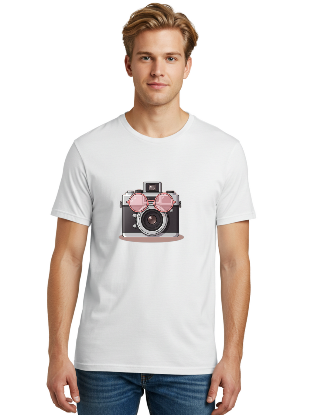 Camera-With-Glasses-2 Men'S Graphic Tee, 100% Cotton, Comfortable Casual Summer Wear, Machine Washable, Vintage Camera, Retro Photography, Cool Glasses, Lens Reflection, Classic Design, Camera Accessories, Stylish Photography Equipment, Bae375