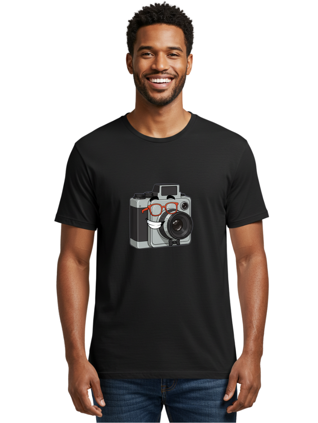 Camera-With-Glasses Men'S Graphic Tee, 100% Cotton, Comfortable Casual Summer Wear, Machine Washable, Cartoon Camera, Vintage Photography, Glasses And Bow Tie, Retro Style, Digital Art, Funny Characters, Creative Concepts, Artistic Expression, Bae376