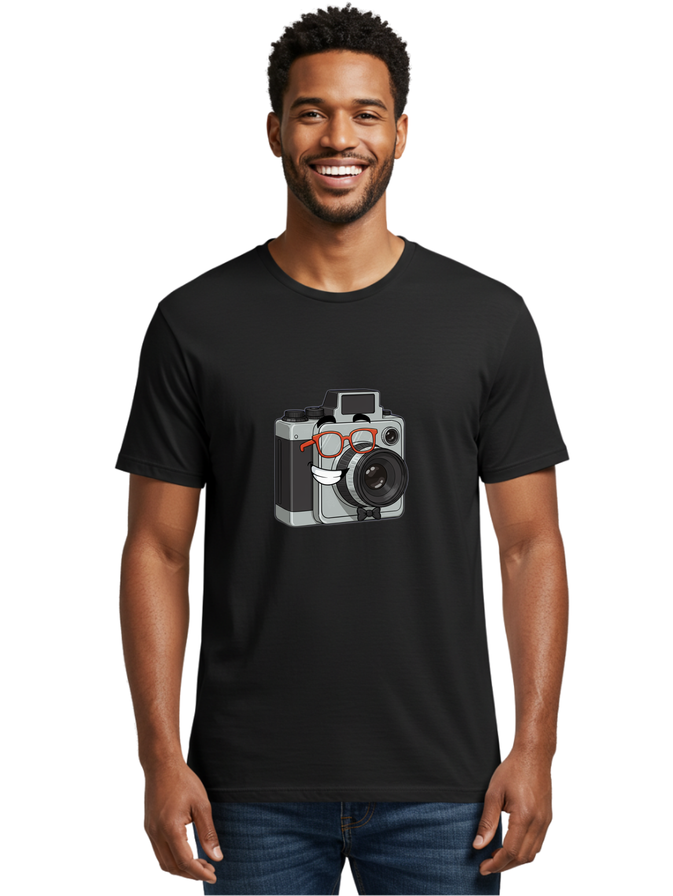 Camera-With-Glasses Men'S Graphic Tee, 100% Cotton, Comfortable Casual Summer Wear, Machine Washable, Cartoon Camera, Vintage Photography, Glasses And Bow Tie, Retro Style, Digital Art, Funny Characters, Creative Concepts, Artistic Expression, Bae376