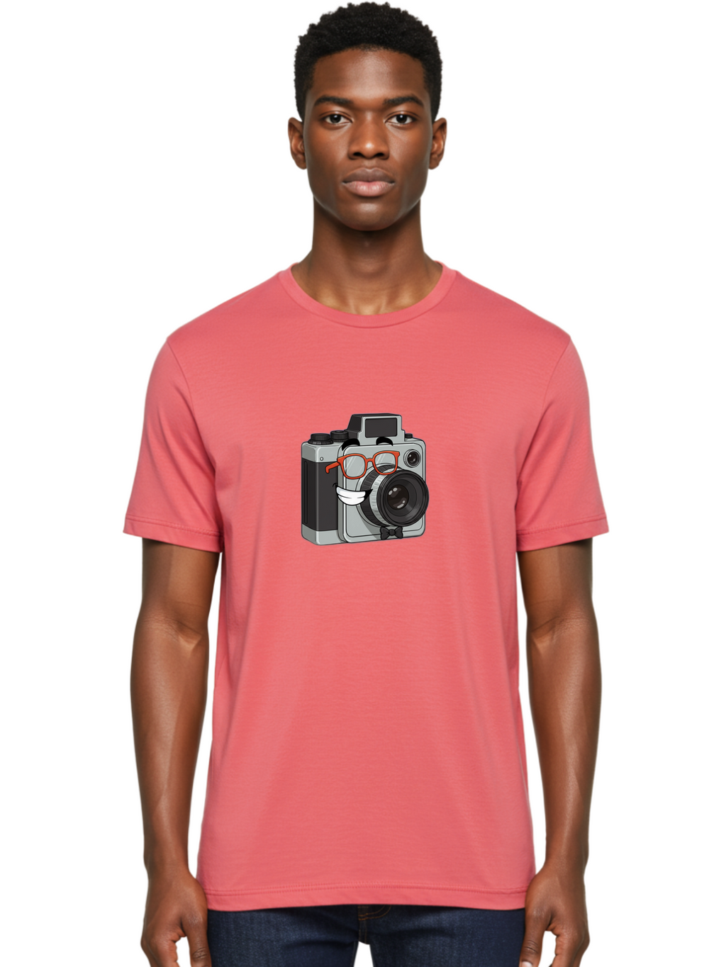 Camera-With-Glasses Men'S Graphic Tee, 100% Cotton, Comfortable Casual Summer Wear, Machine Washable, Cartoon Camera, Vintage Photography, Glasses And Bow Tie, Retro Style, Digital Art, Funny Characters, Creative Concepts, Artistic Expression, Bae376