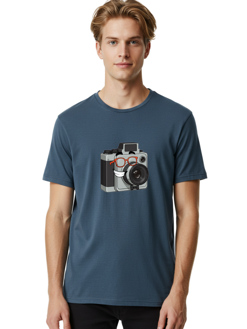 Camera-With-Glasses Men'S Graphic Tee, 100% Cotton, Comfortable Casual Summer Wear, Machine Washable, Cartoon Camera, Vintage Photography, Glasses And Bow Tie, Retro Style, Digital Art, Funny Characters, Creative Concepts, Artistic Expression, Bae376