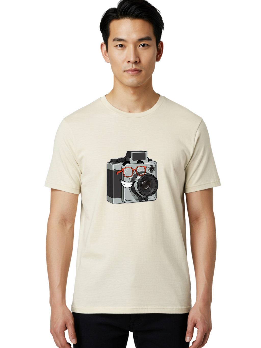 Camera-With-Glasses Men'S Graphic Tee, 100% Cotton, Comfortable Casual Summer Wear, Machine Washable, Cartoon Camera, Vintage Photography, Glasses And Bow Tie, Retro Style, Digital Art, Funny Characters, Creative Concepts, Artistic Expression, Bae376