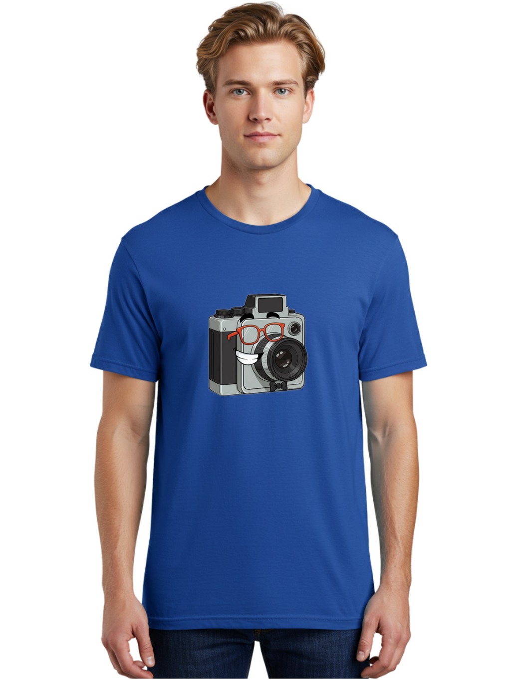 Camera-With-Glasses Men'S Graphic Tee, 100% Cotton, Comfortable Casual Summer Wear, Machine Washable, Cartoon Camera, Vintage Photography, Glasses And Bow Tie, Retro Style, Digital Art, Funny Characters, Creative Concepts, Artistic Expression, Bae376