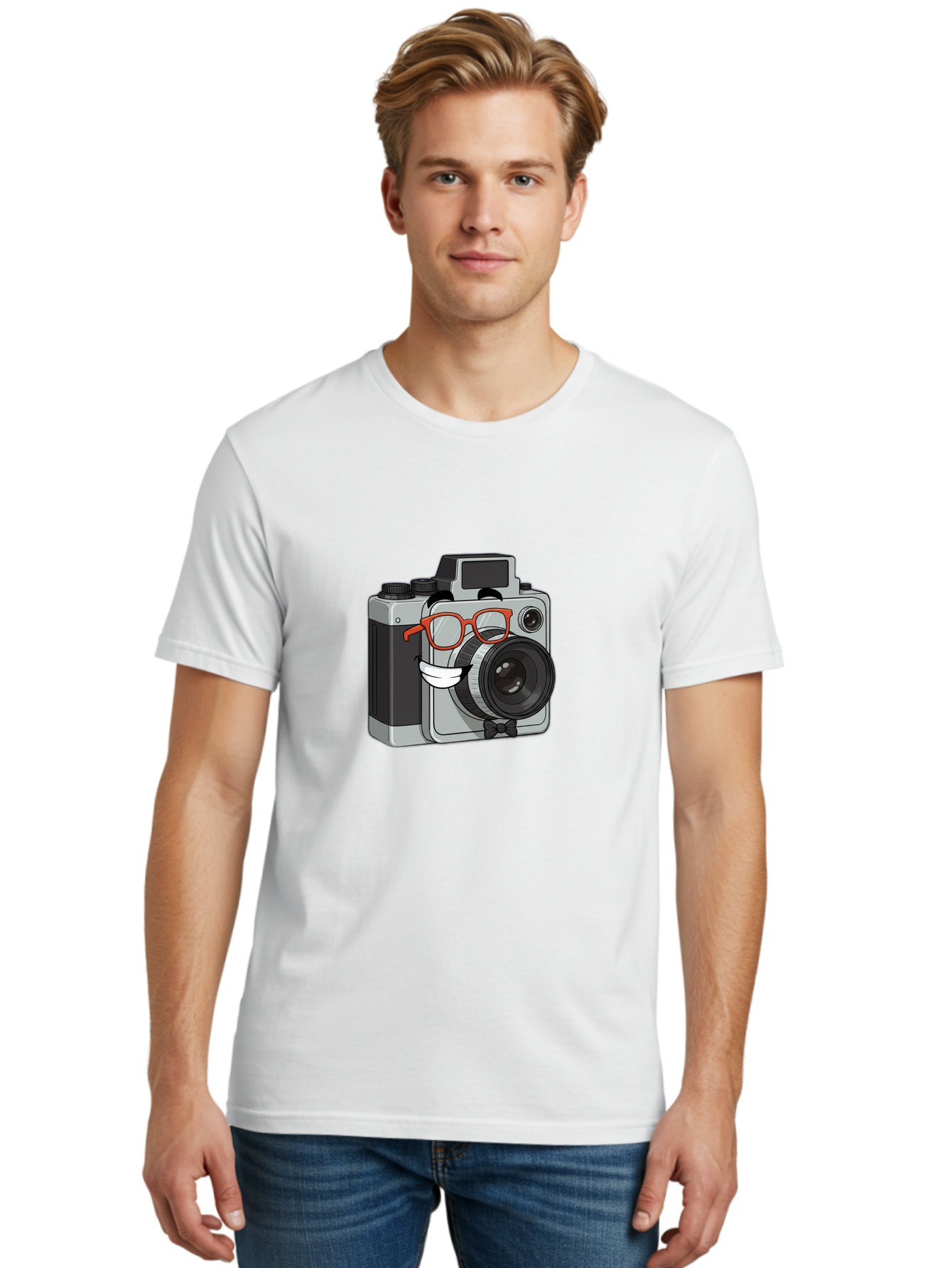 Camera-With-Glasses Men'S Graphic Tee, 100% Cotton, Comfortable Casual Summer Wear, Machine Washable, Cartoon Camera, Vintage Photography, Glasses And Bow Tie, Retro Style, Digital Art, Funny Characters, Creative Concepts, Artistic Expression, Bae376